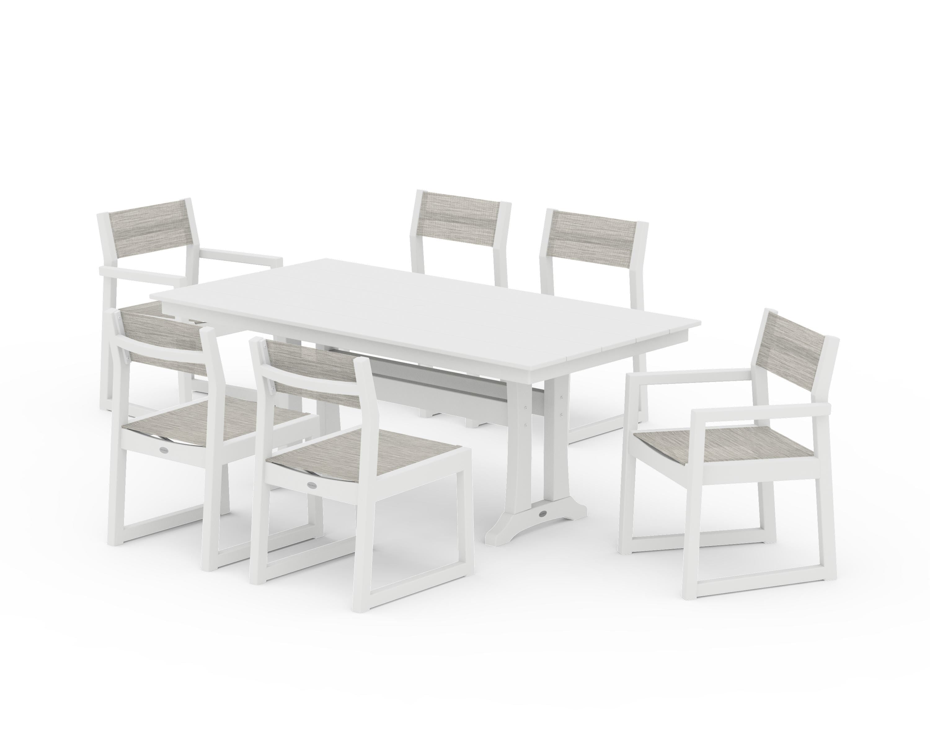 POLYWOOD EDGE Sling 7-Piece Farmhouse Trestle Dining Set in White / Birch Sling