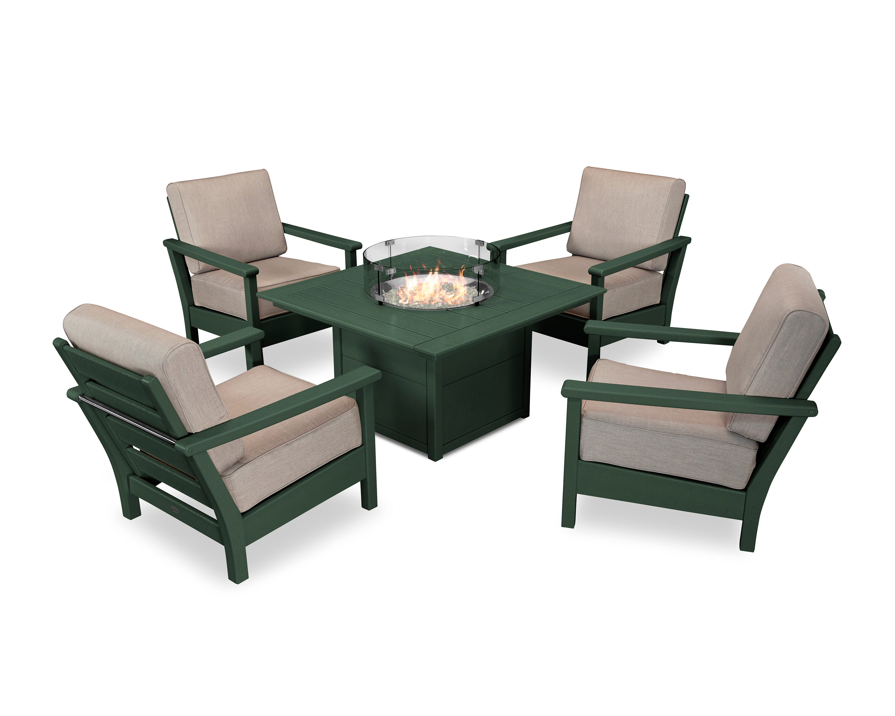 POLYWOOD Harbour 5-Piece Conversation Set with Fire Pit Table in Green / Cast Ash