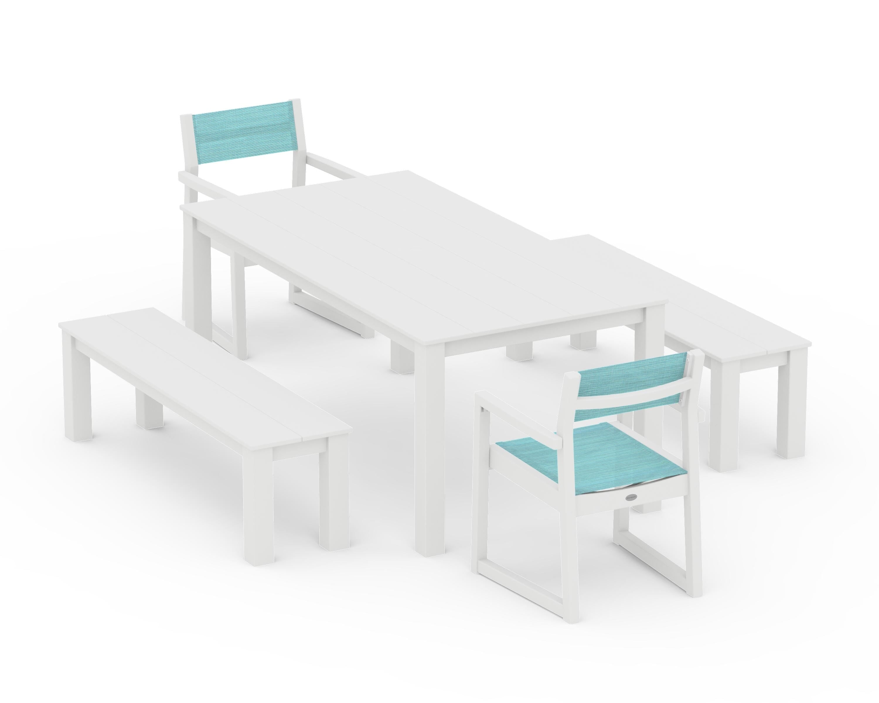 POLYWOOD EDGE Sling Arm Chair 5-Piece Parsons Dining Set with Benches in White / Dupioni Aquamarine Sling
