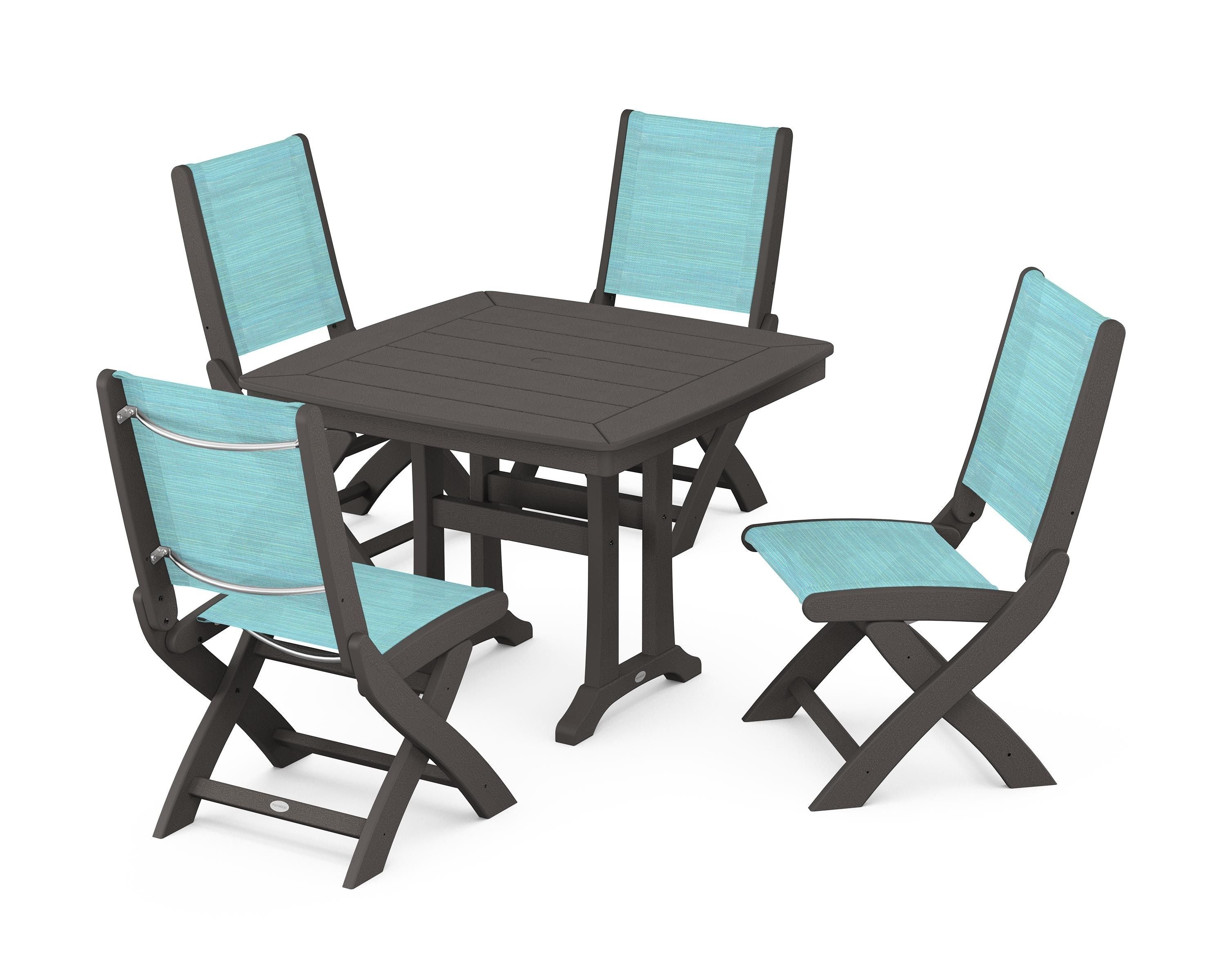 POLYWOOD Coastal Folding Side Chair 5-Piece Dining Set with Trestle Legs in Vintage Coffee / Dupioni Aquamarine Sling