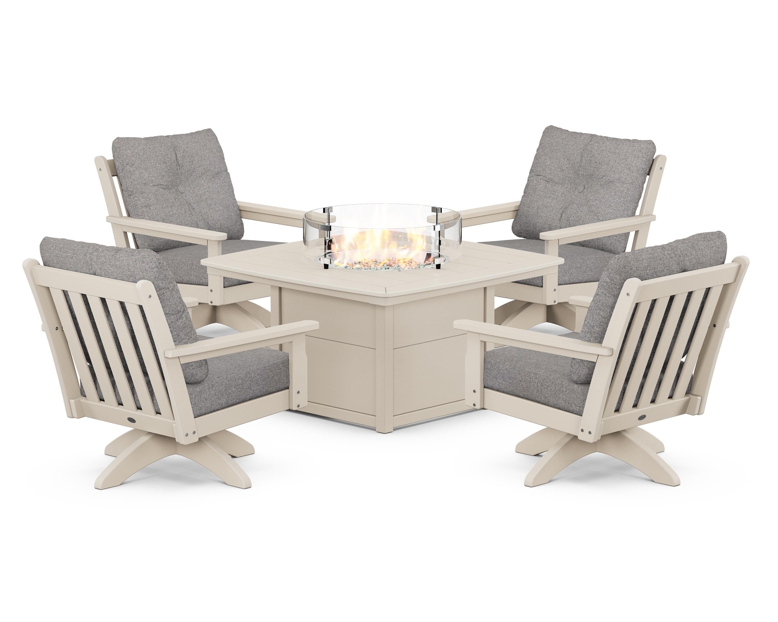 POLYWOOD Vineyard 5-Piece Deep Seating Swivel Conversation Set with Fire Pit Table in Sand / Grey Mist