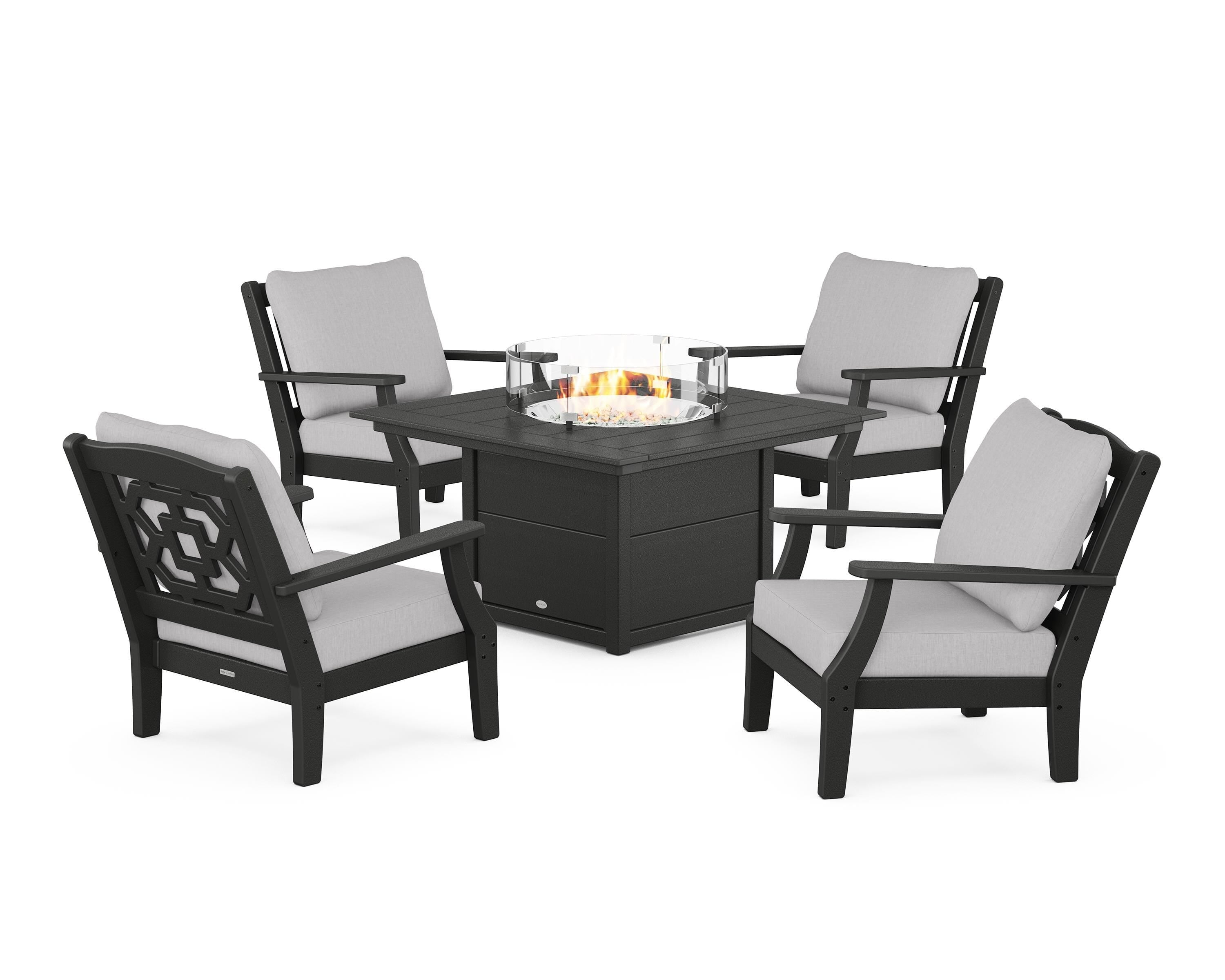 Martha Stewart by POLYWOOD Chinoiserie 5-Piece Deep Seating Set with Fire Pit Table in Black / Granite