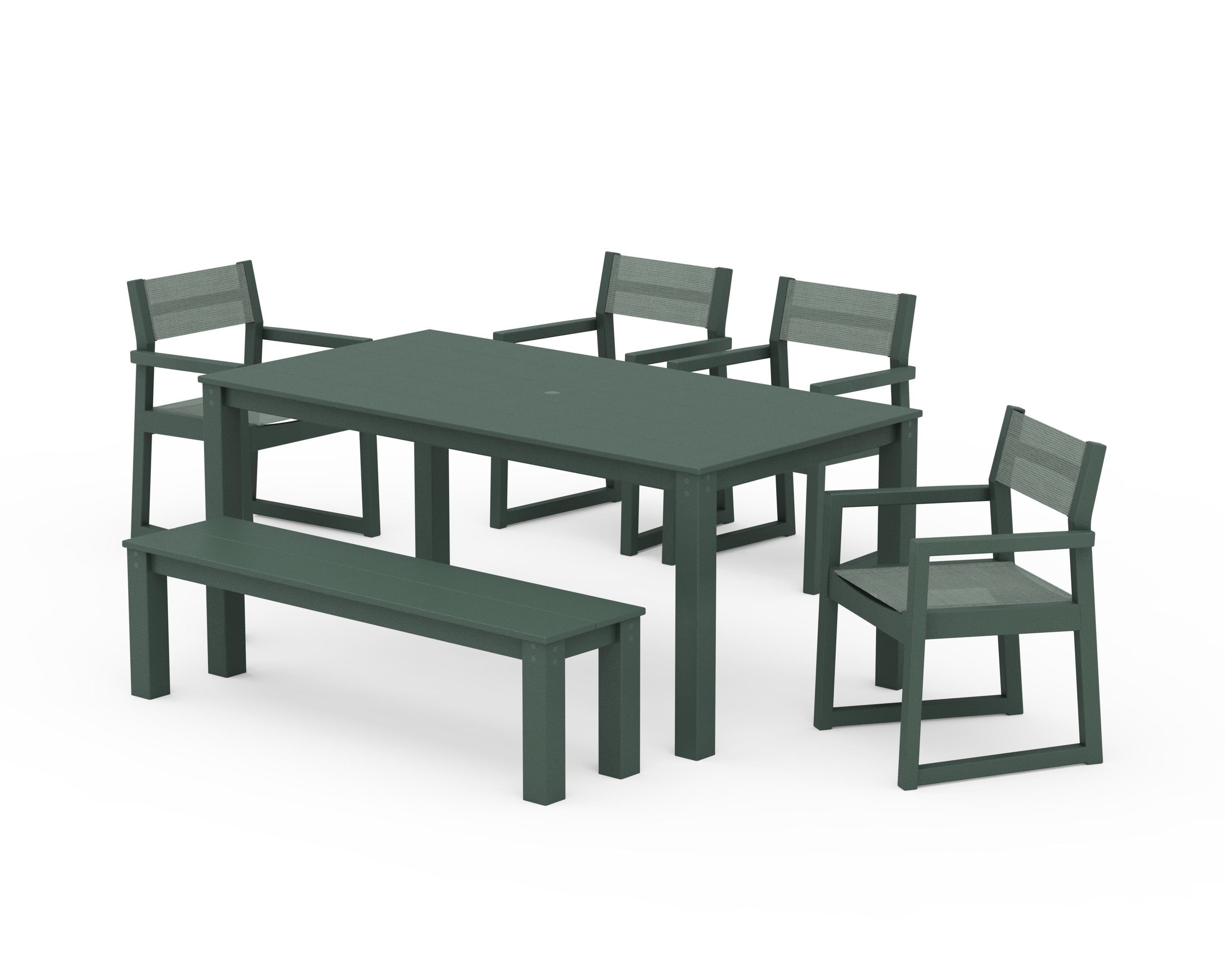 POLYWOOD EDGE Sling Arm Chair 6-Piece Parsons Dining Set with Bench in Green / Dupioni Sea Mist Sling