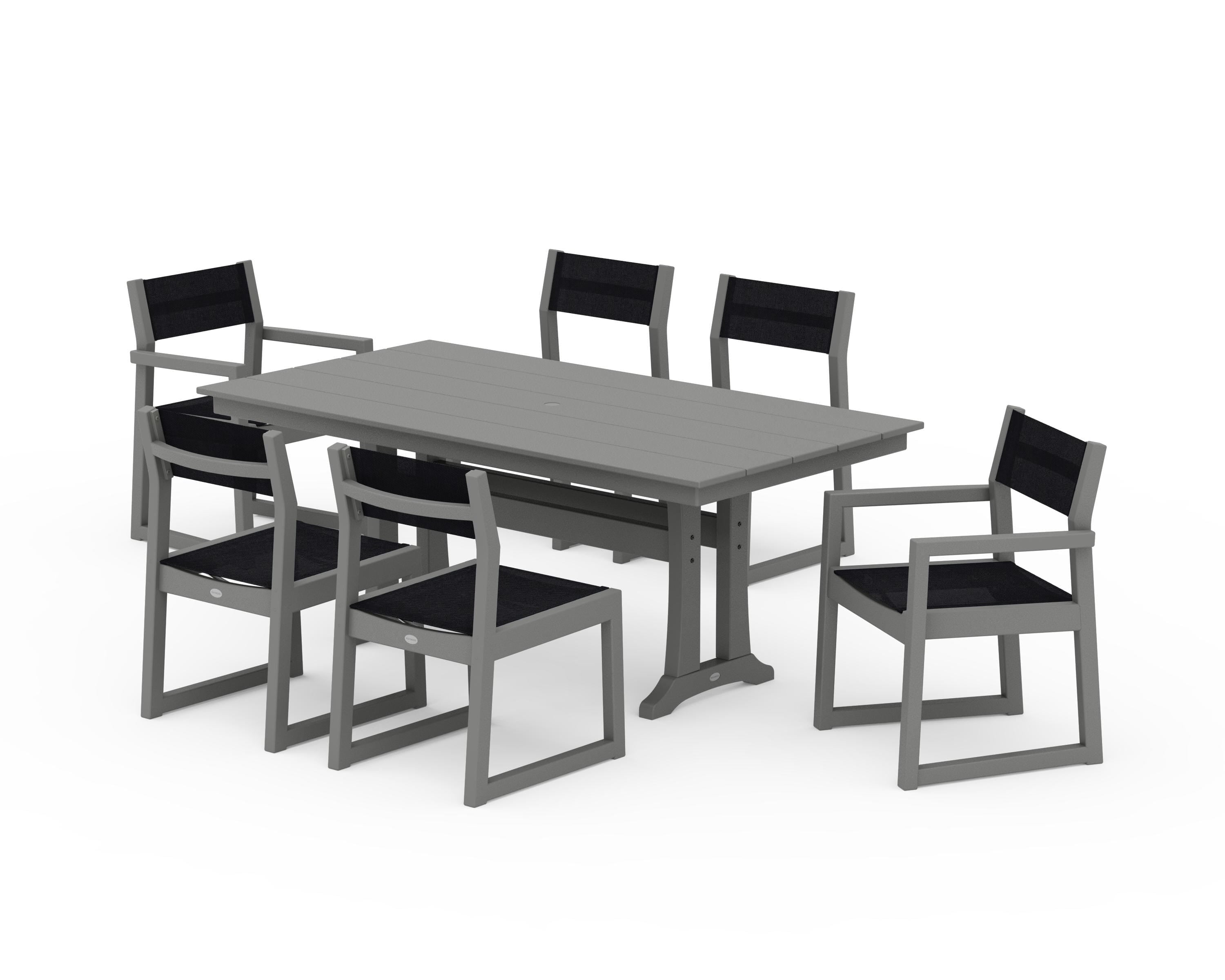 POLYWOOD EDGE Sling 7-Piece Farmhouse Trestle Dining Set in Slate Grey / Black Sling