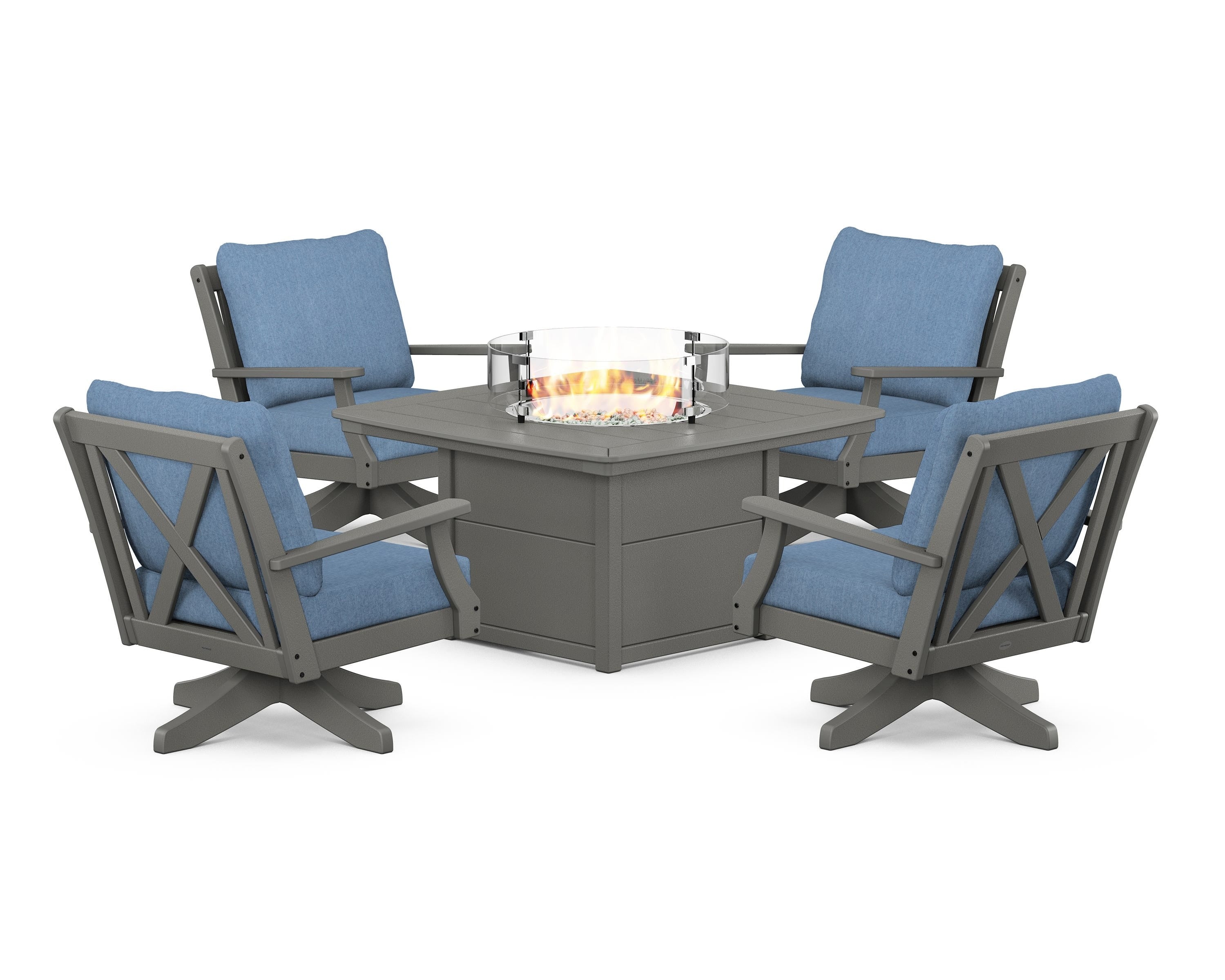 POLYWOOD Braxton 5-Piece Deep Seating Swivel Conversation Set with Fire Pit Table in Slate Grey / Sky Blue