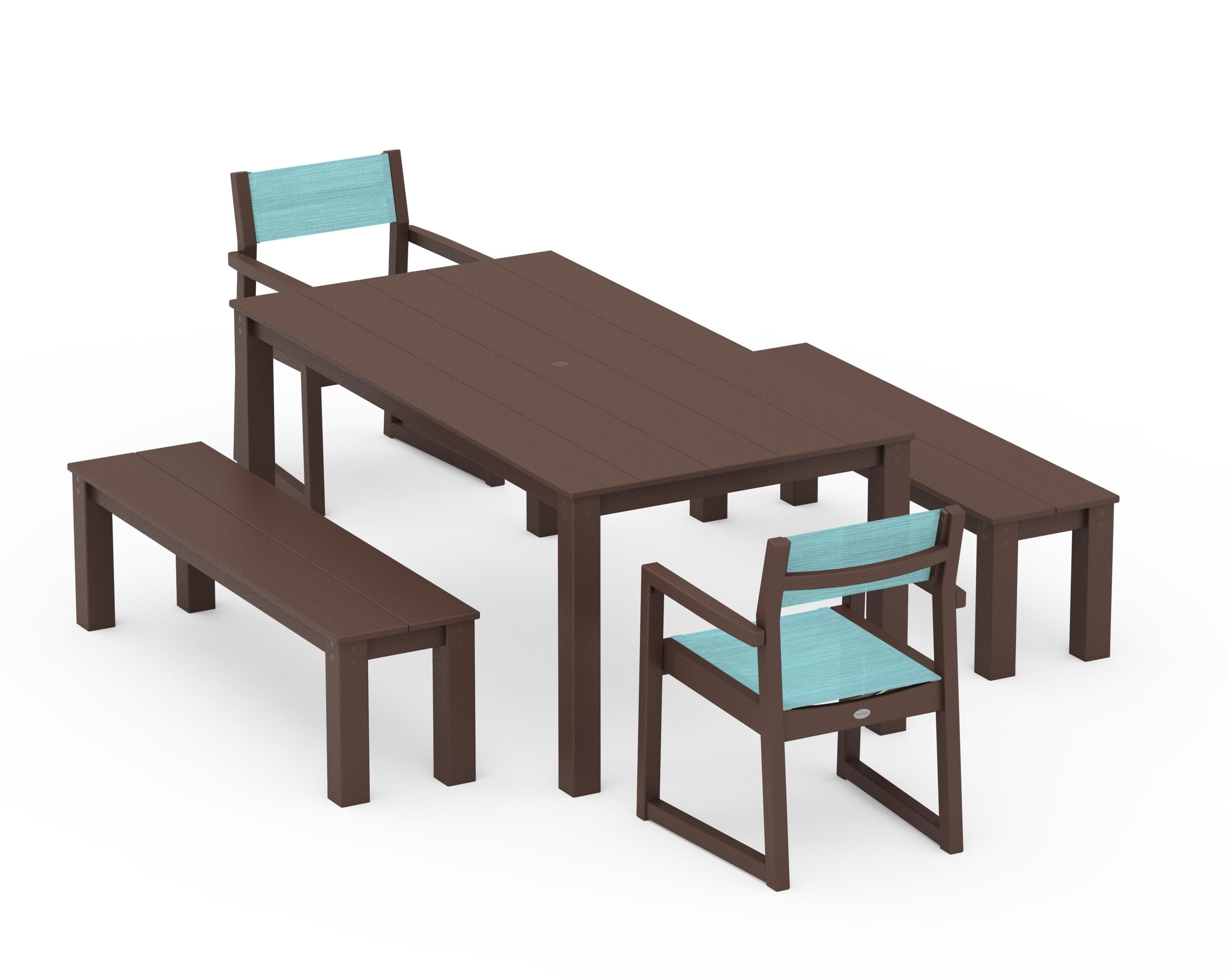POLYWOOD EDGE Sling Arm Chair 5-Piece Parsons Dining Set with Benches in Mahogany / Dupioni Aquamarine Sling