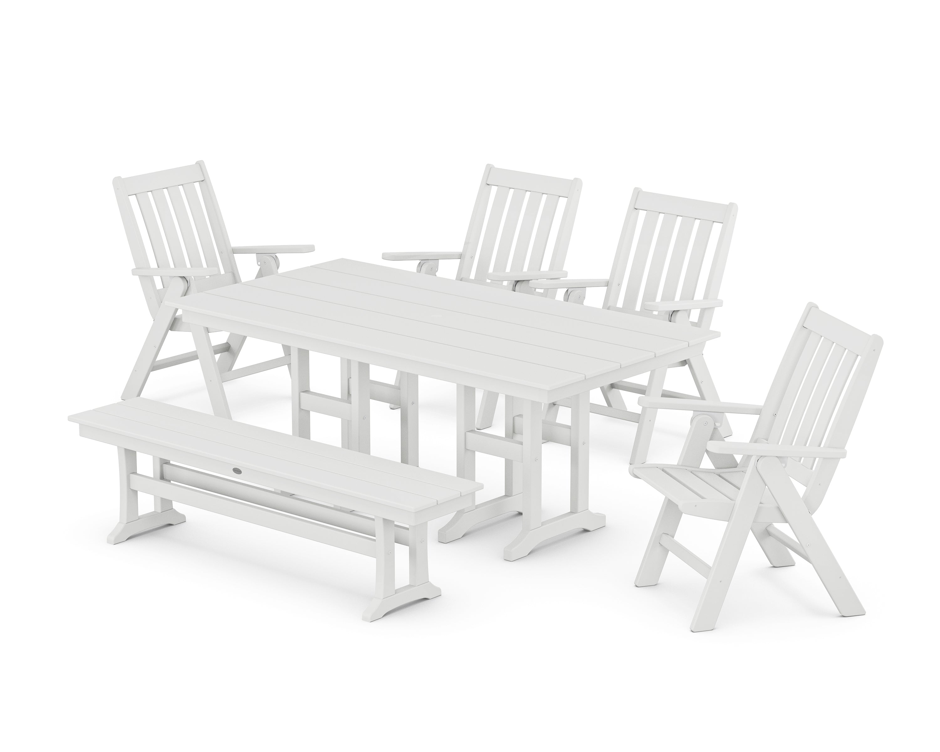 POLYWOOD Vineyard Folding Chair 6-Piece Farmhouse Dining Set with Bench in White