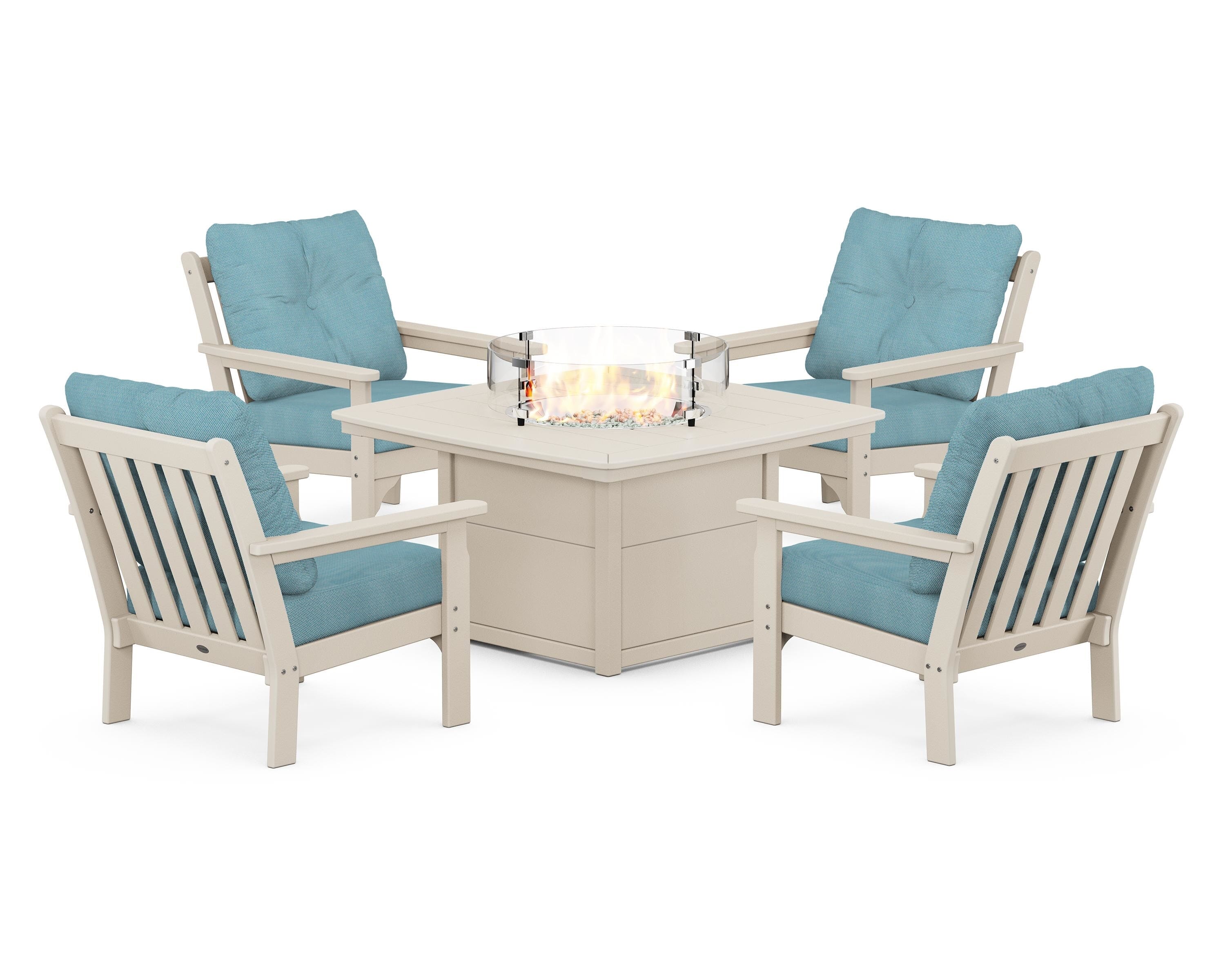 POLYWOOD Vineyard 5-Piece Conversation Set with Fire Pit Table in Sand / Lattice Sky Blue