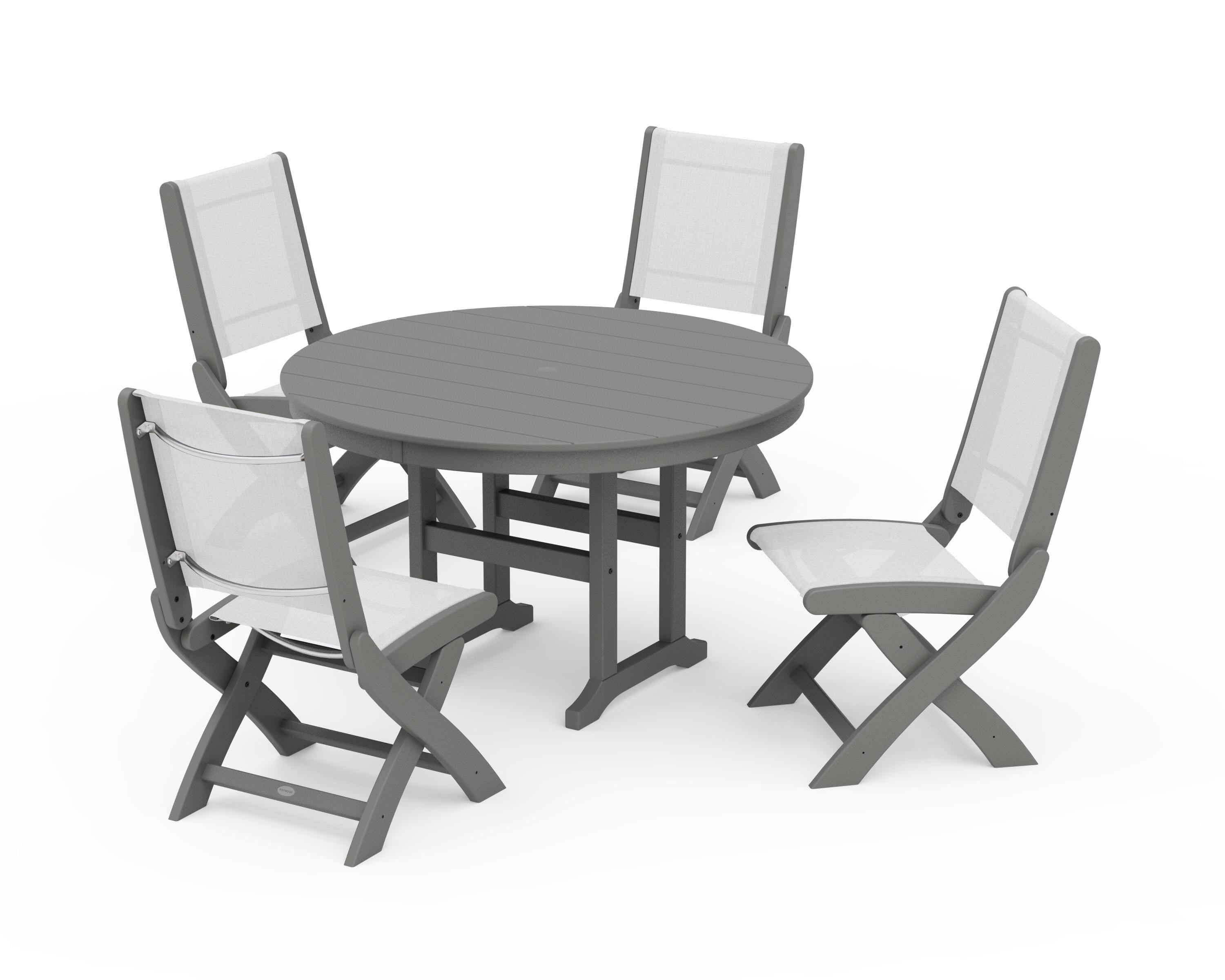 POLYWOOD Coastal Folding Side Chair 5-Piece Round Dining Set in Slate Grey / White Sling