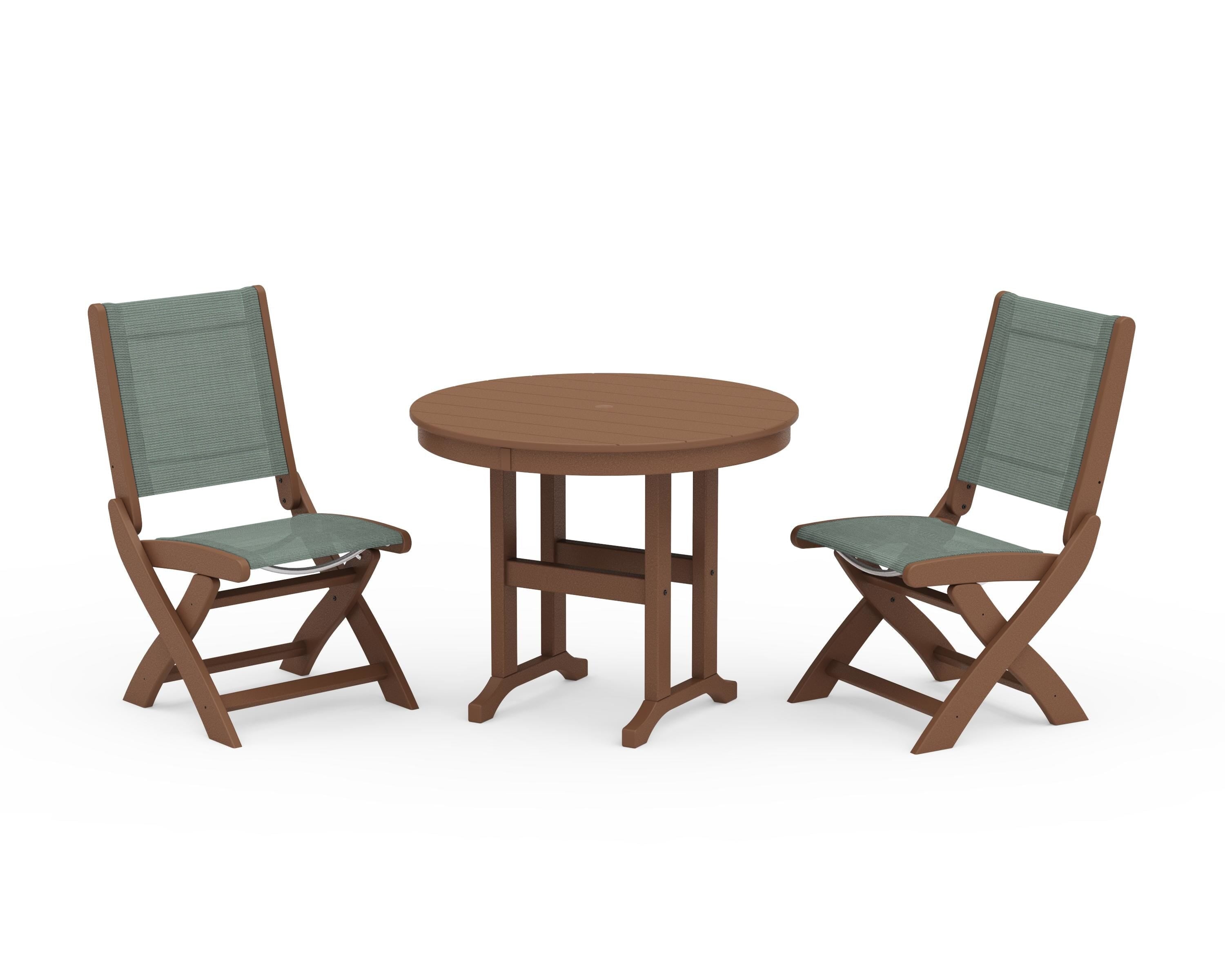 POLYWOOD Coastal Folding Side Chair 3-Piece Round Dining Set in Teak / Dupioni Sea Mist Sling