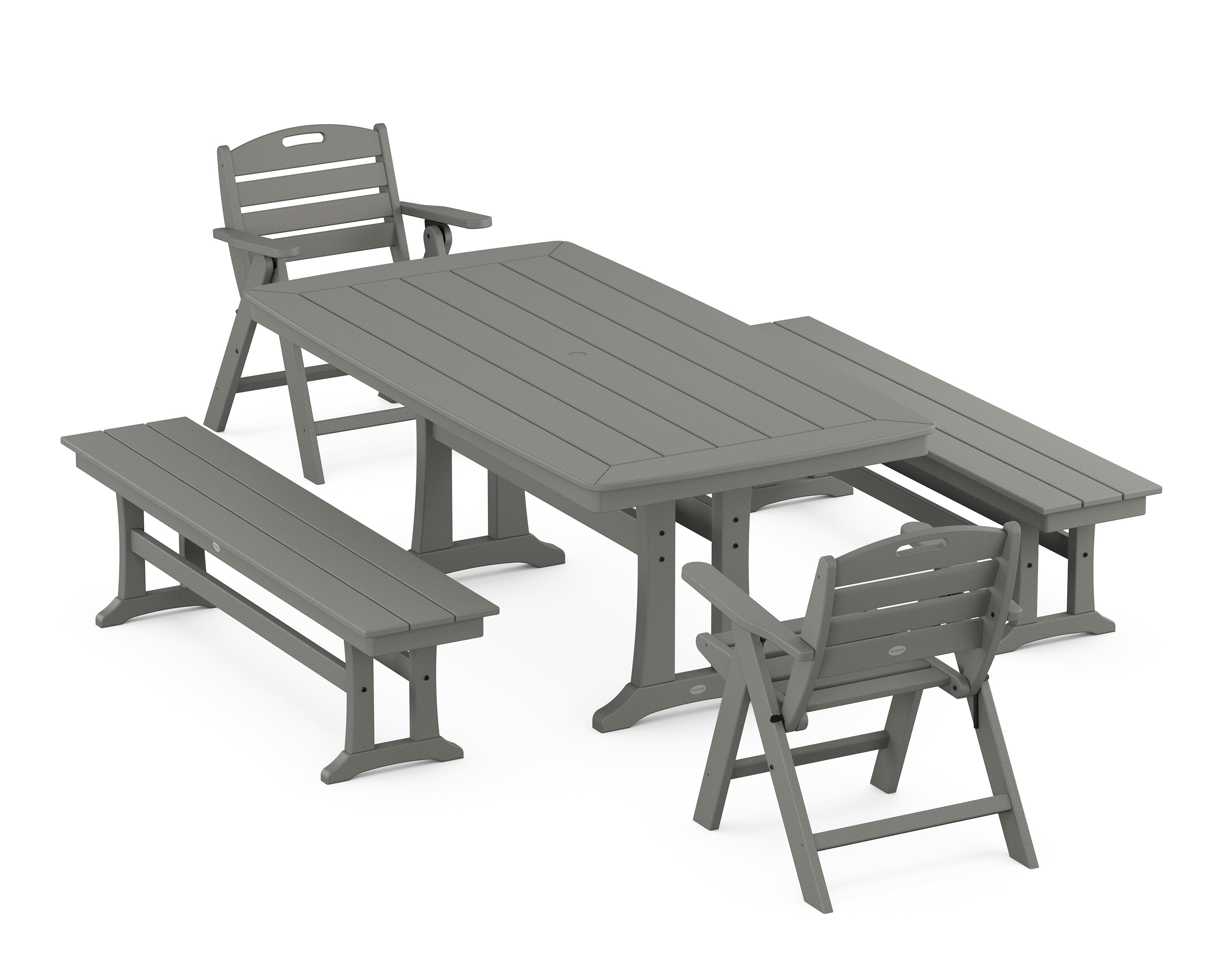 POLYWOOD Nautical Folding Lowback Chair 5-Piece Dining Set with Trestle Legs and Benches in Slate Grey