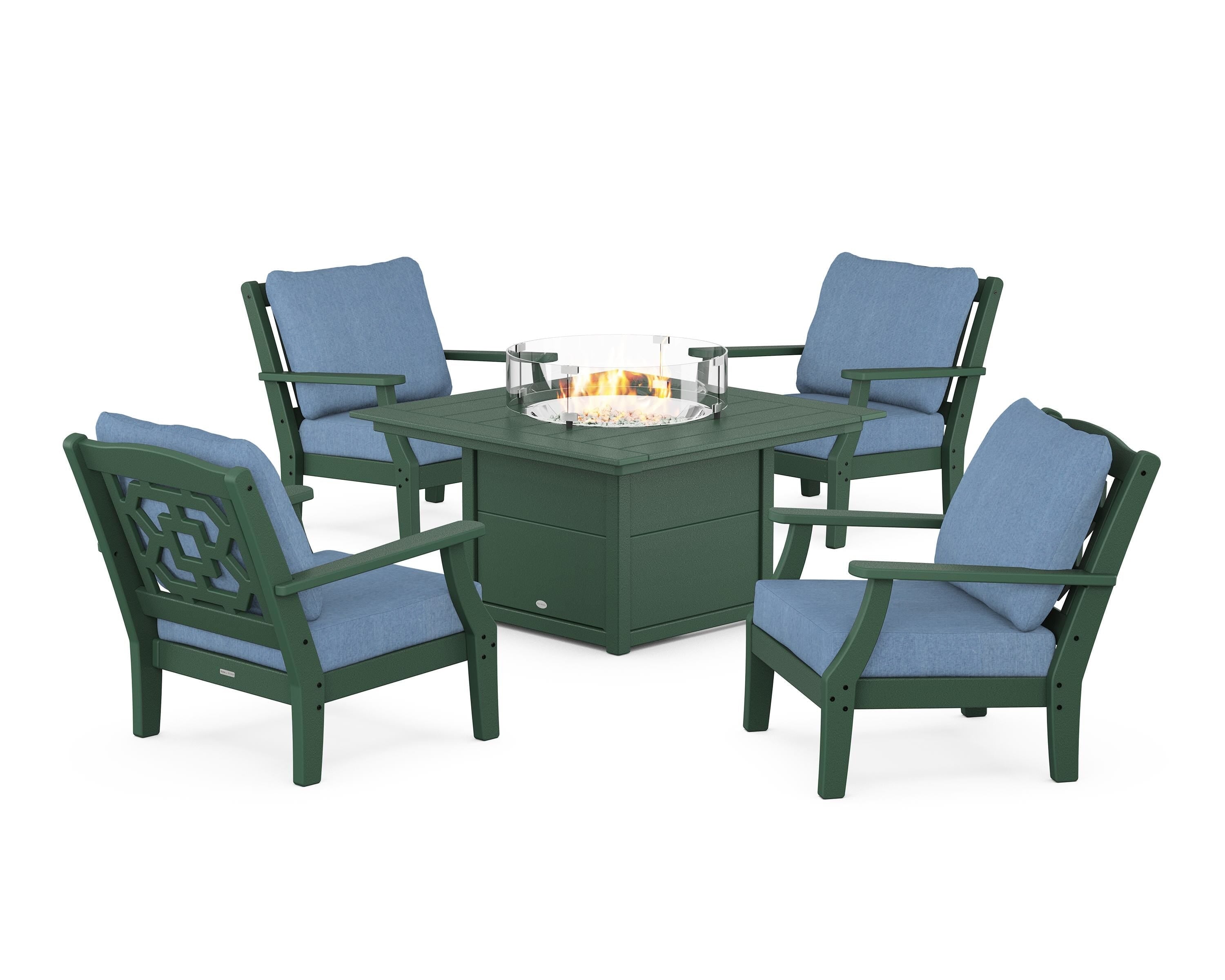 Martha Stewart by POLYWOOD Chinoiserie 5-Piece Deep Seating Set with Fire Pit Table in Green / Sky Blue