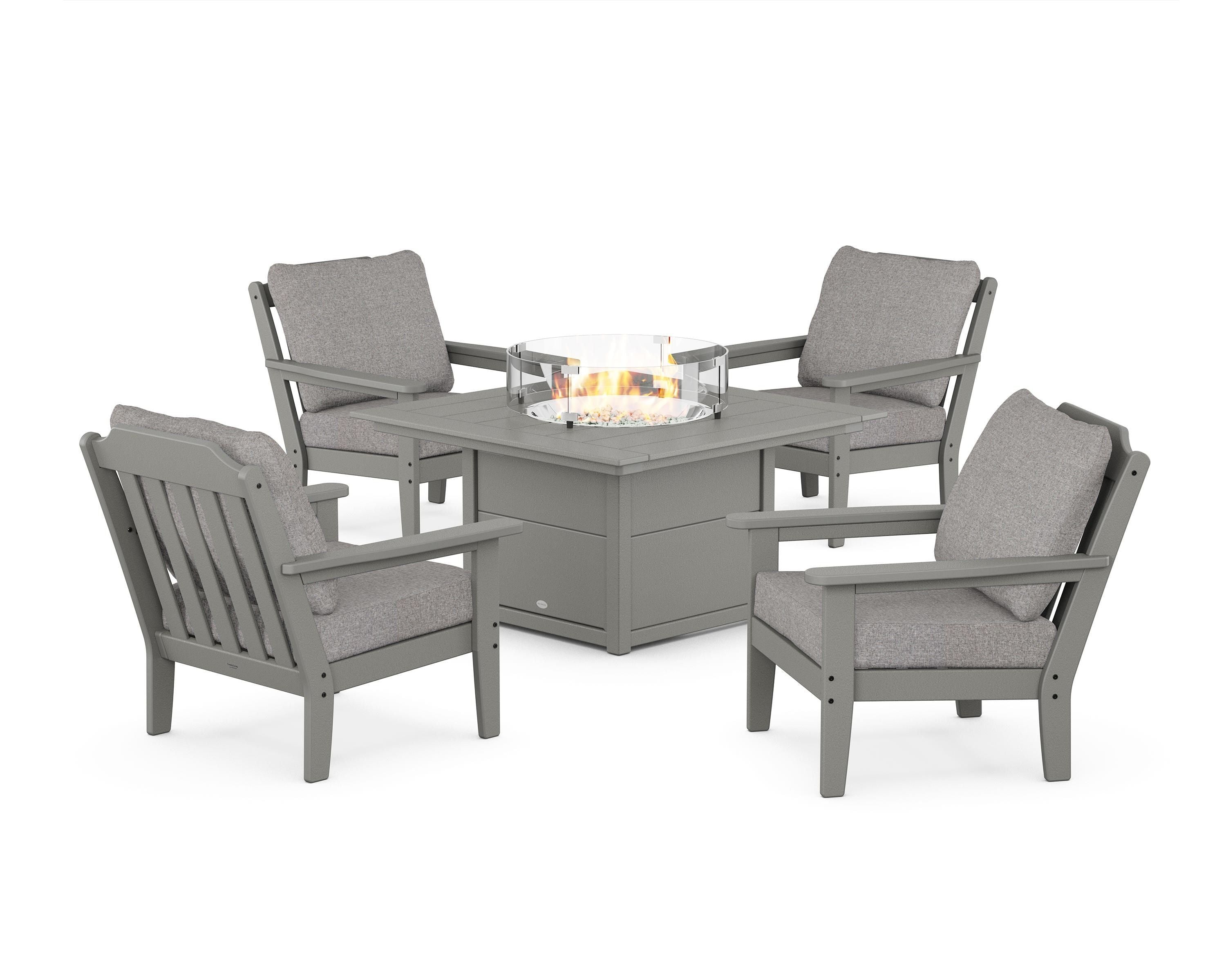 Country Living Cottage 5-Piece Deep Seating Set with Fire Pit Table in Slate Grey / Grey Mist