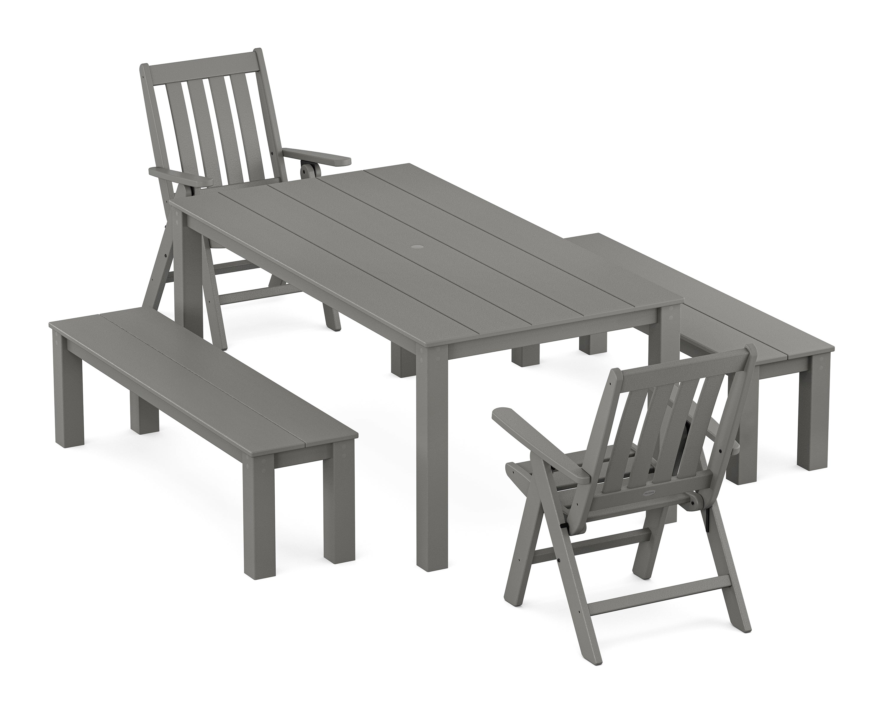 POLYWOOD Vineyard Folding Chair 5-Piece Parsons Dining Set with Benches in Slate Grey