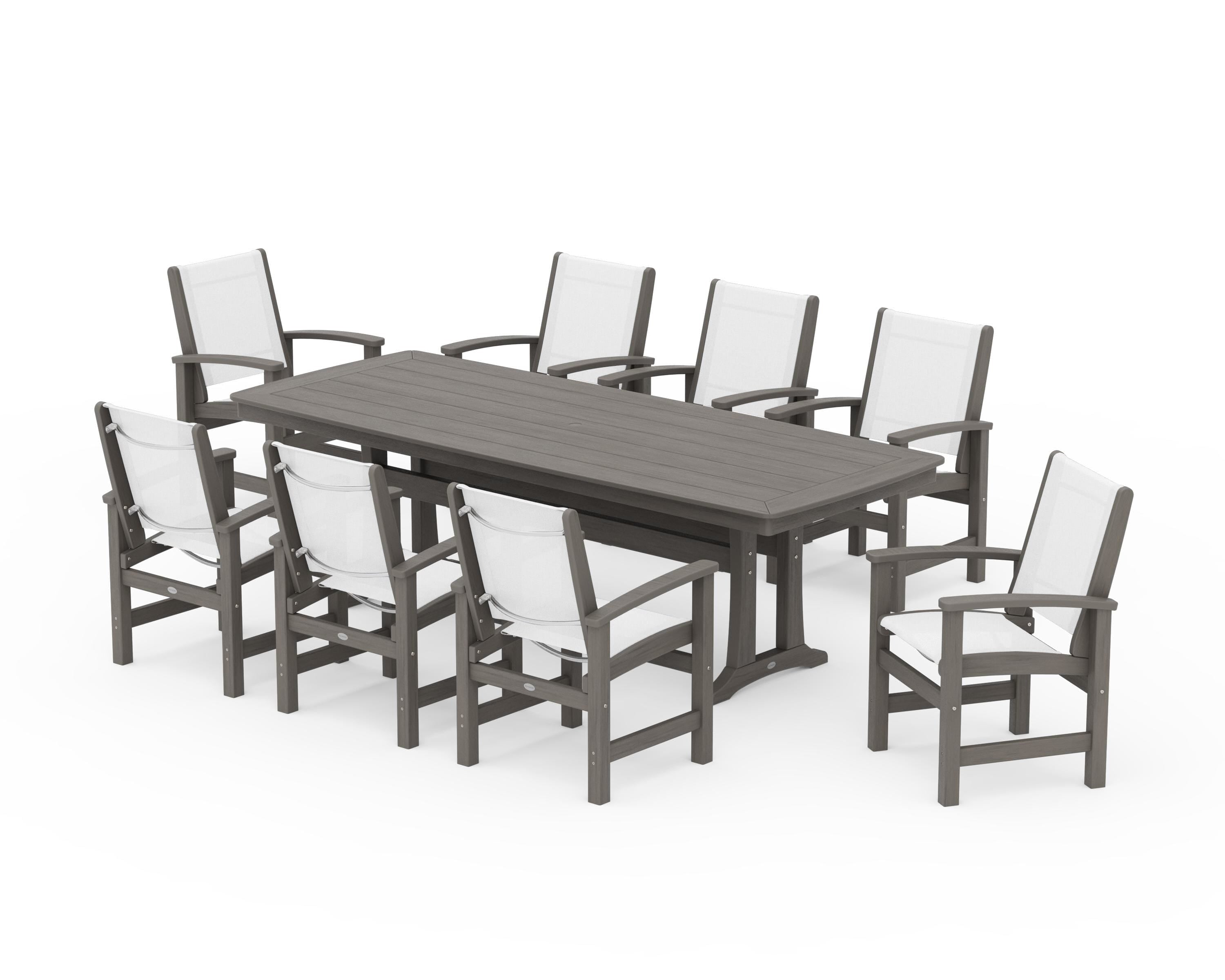 POLYWOOD Coastal 9-Piece Dining Set with Trestle Legs in Driftwood / White Sling