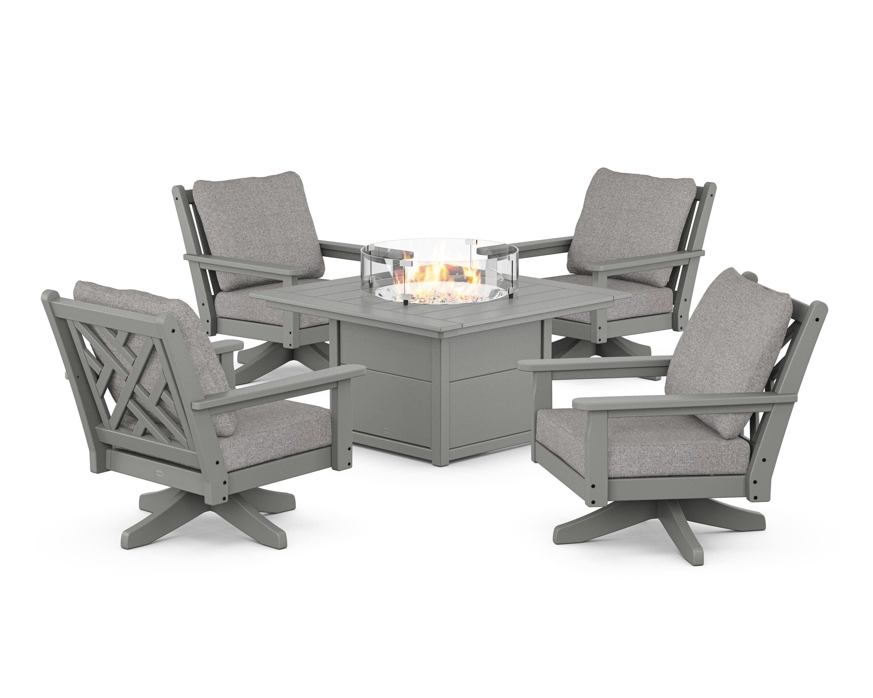 POLYWOOD Chippendale 5-Piece Deep Seating Swivel Conversation Set with Fire Pit Table in Slate Grey / Grey Mist