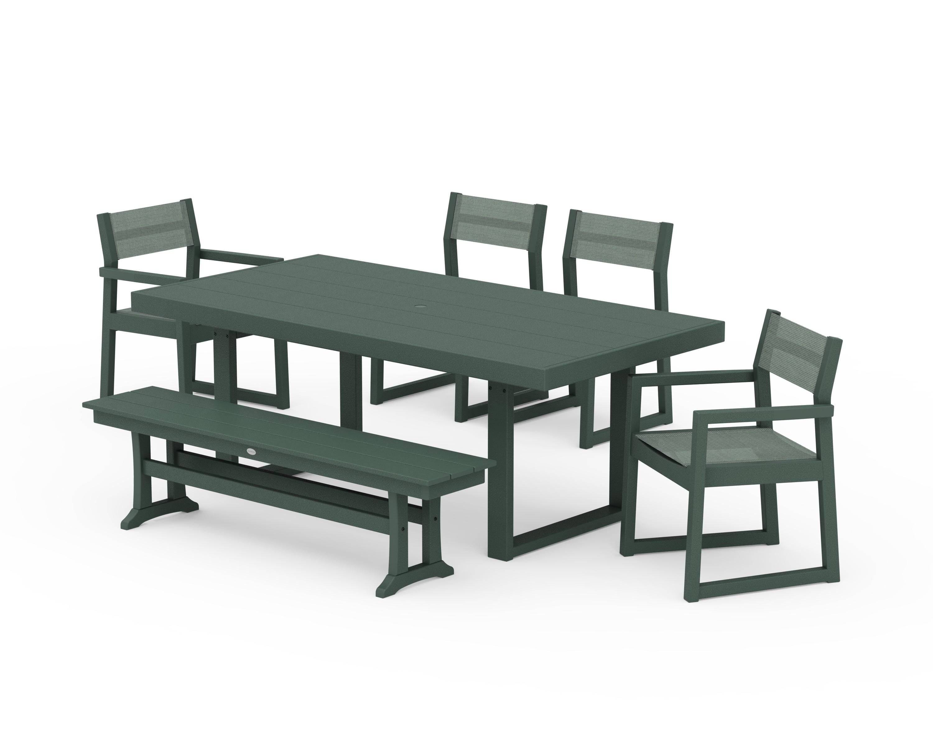 POLYWOOD EDGE Sling 6-Piece Dining Set with Bench in Green / Dupioni Sea Mist Sling