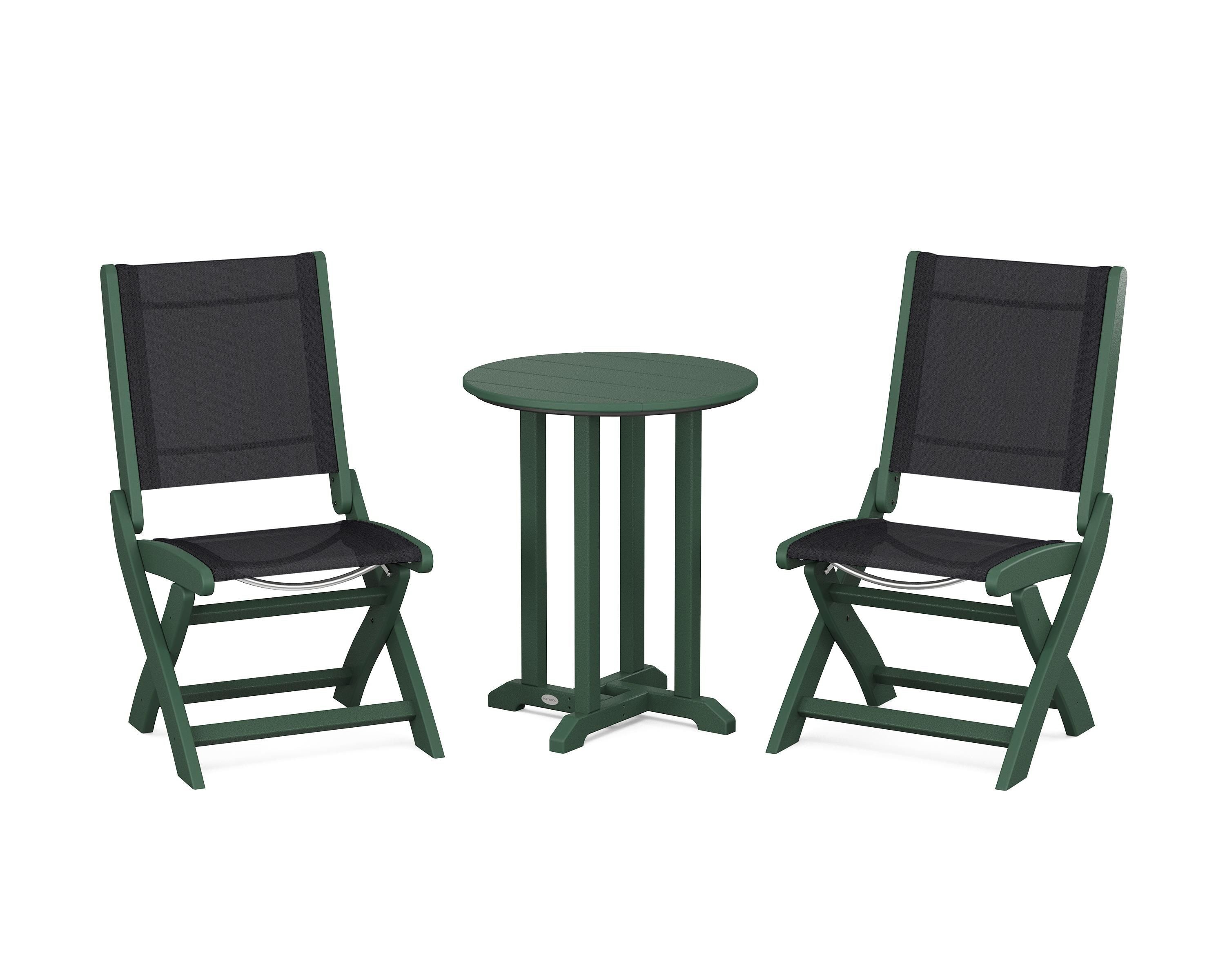 POLYWOOD Coastal Folding Side Chair 3-Piece Round Bistro Dining Set in Green / Black Sling