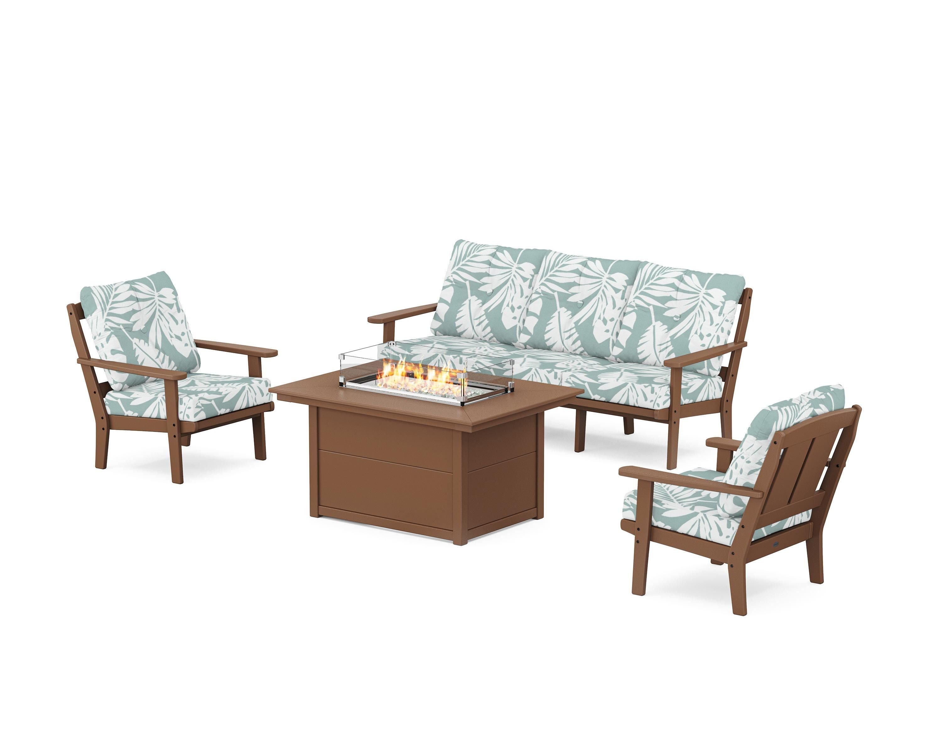 POLYWOOD Mission Deep Seating Fire Pit Table Set in Teak / Leaf Glacier Spa