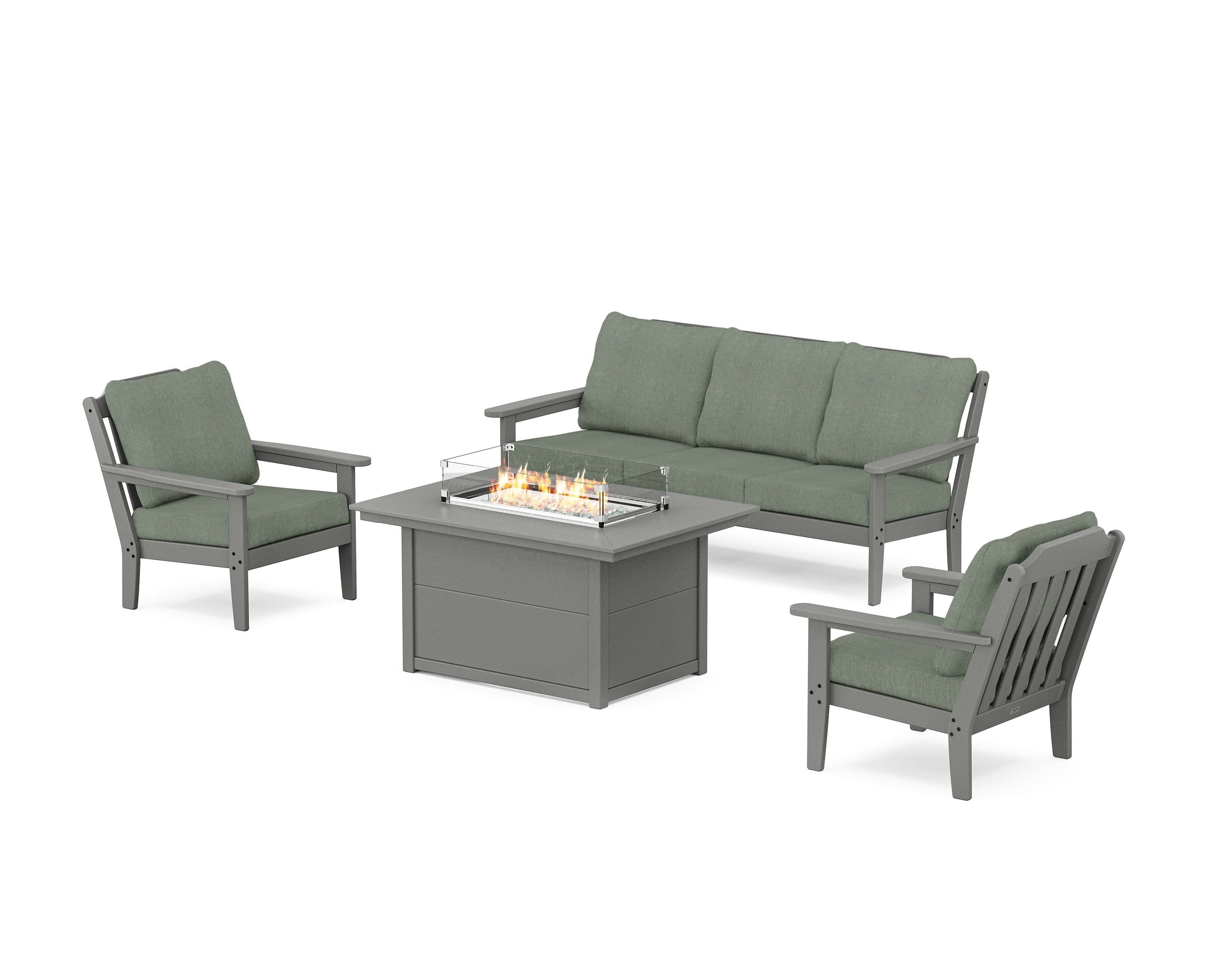 Country Living Cottage Deep Seating Fire Pit Table Set in Slate Grey / Cast Sage
