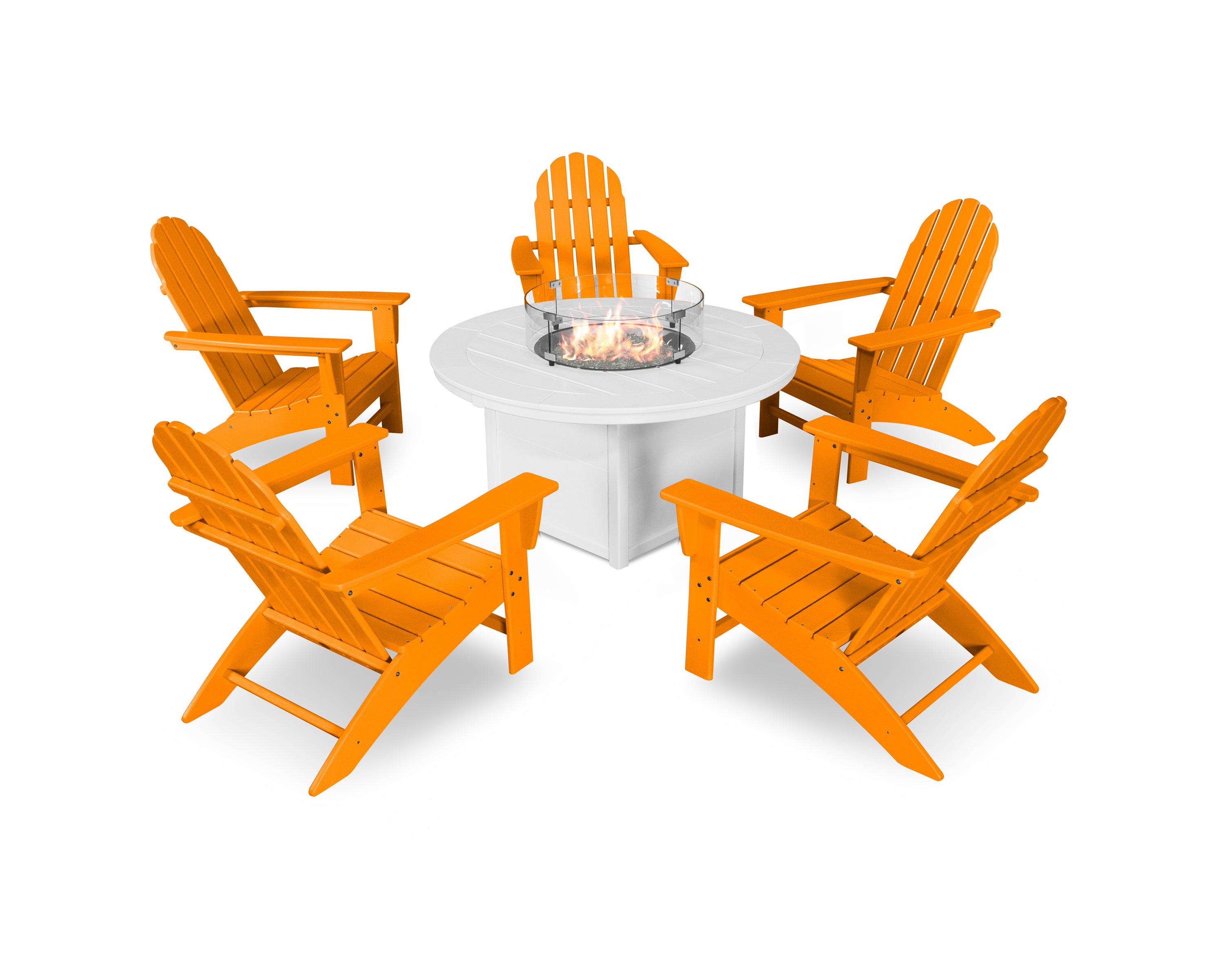 POLYWOOD® Vineyard Adirondack 6-Piece Chat Set with Fire Pit Table in Tangerine / White