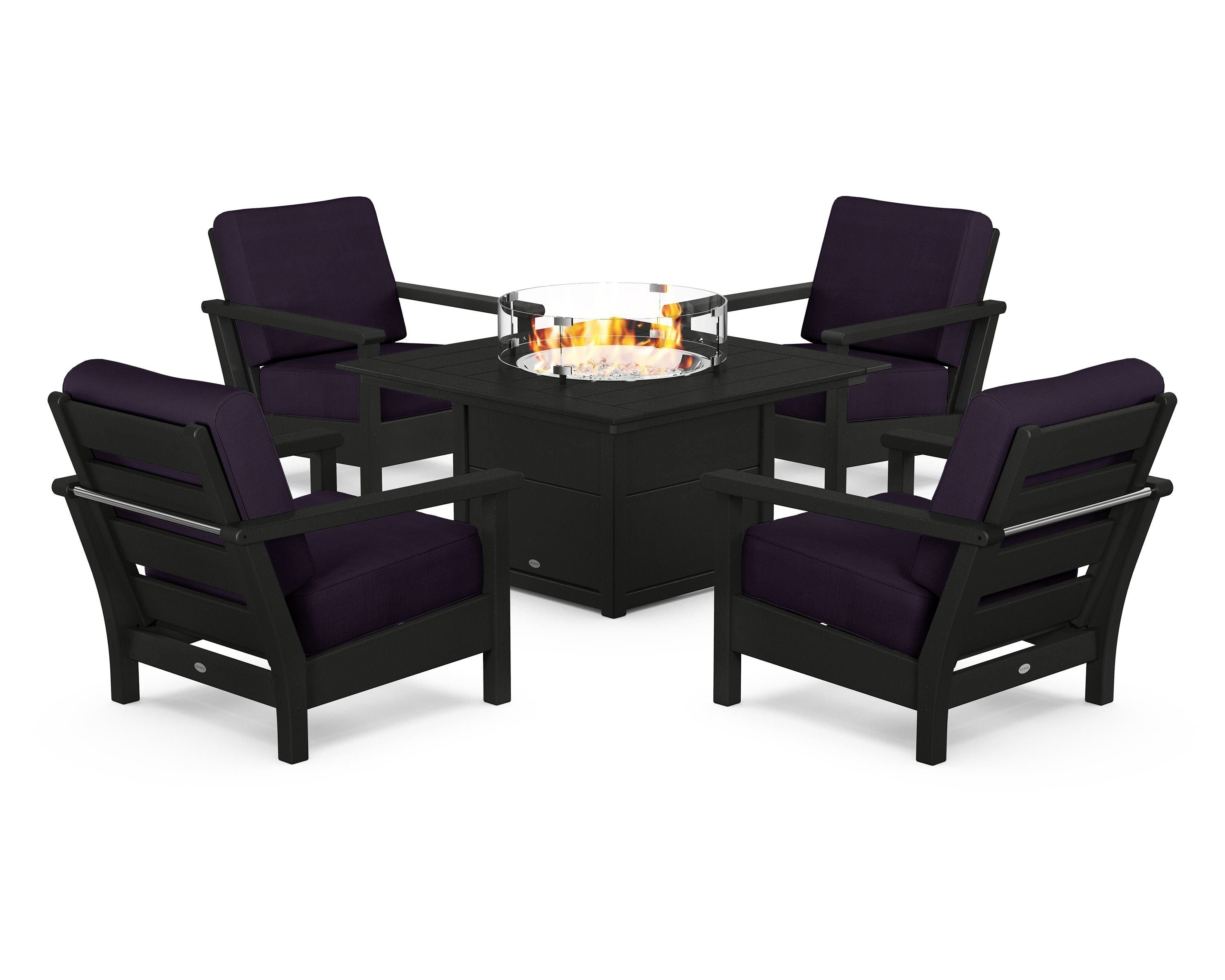 POLYWOOD Harbour 5-Piece Conversation Set with Fire Pit Table in Black / Navy Linen