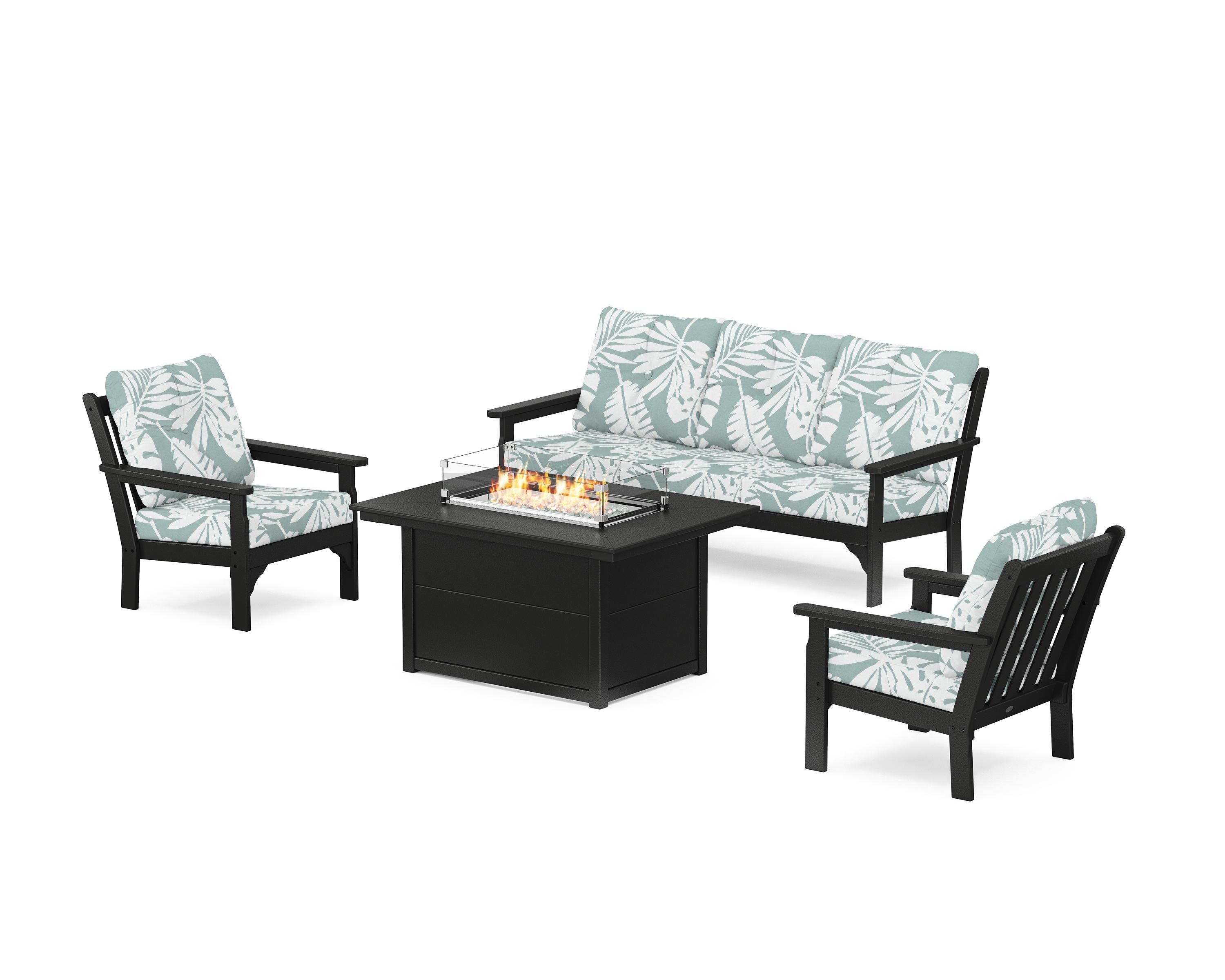 POLYWOOD Vineyard Deep Seating Fire Pit Table Set in Black / Leaf Glacier Spa