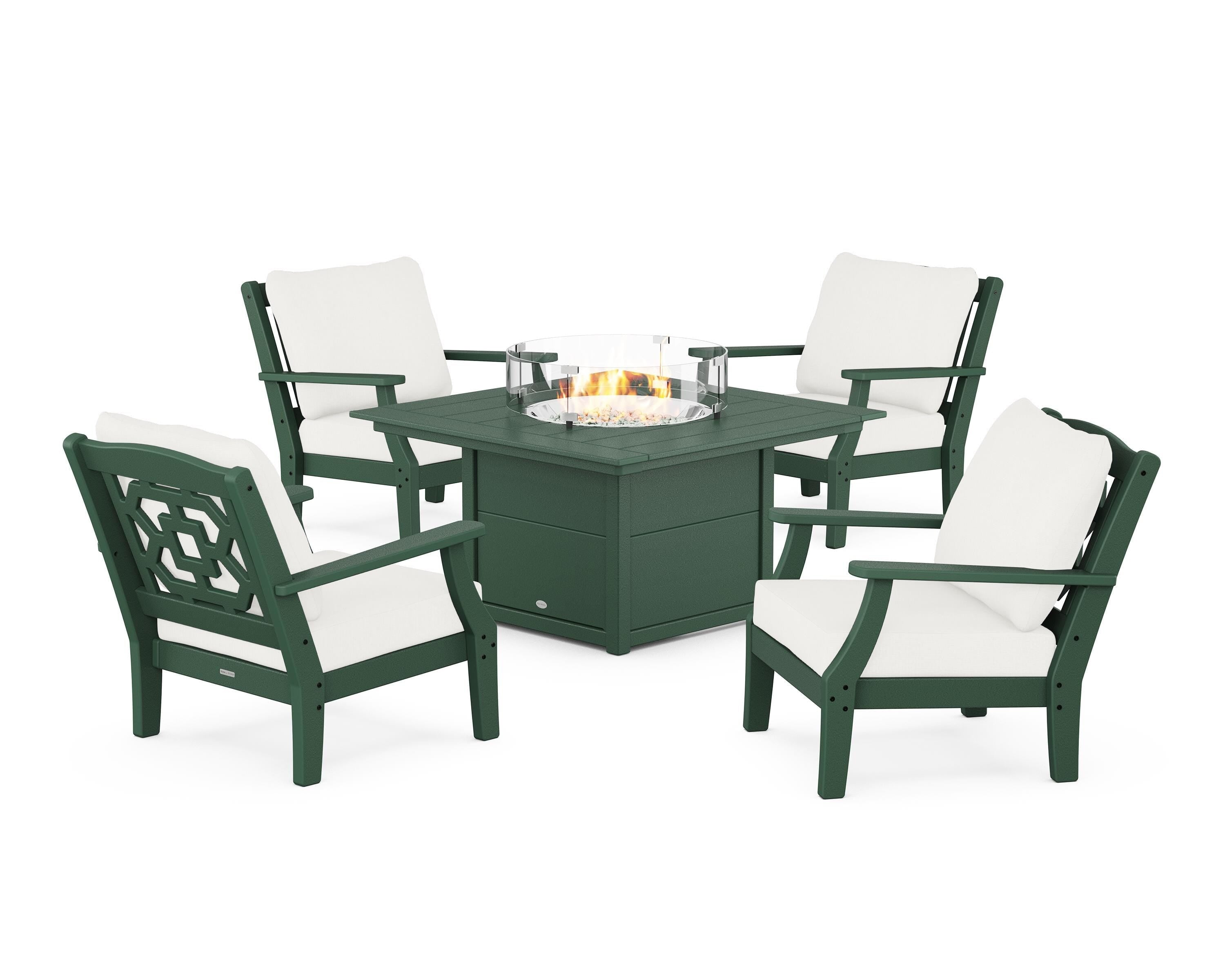 Martha Stewart by POLYWOOD Chinoiserie 5-Piece Deep Seating Set with Fire Pit Table in Green / Natural Linen