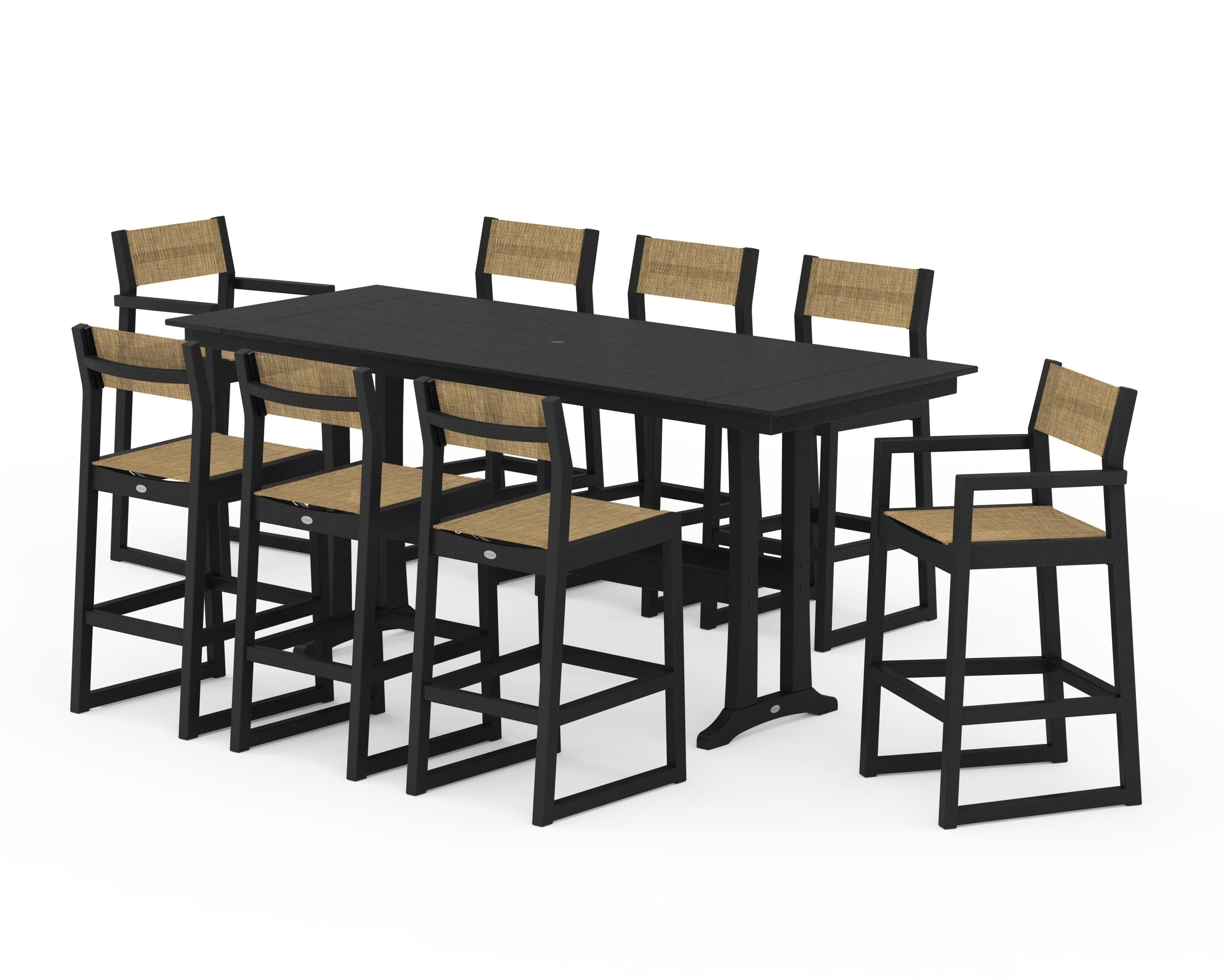 POLYWOOD EDGE Sling 9-Piece Farmhouse Bar Set with Trestle Legs in Black / Burlap Sling