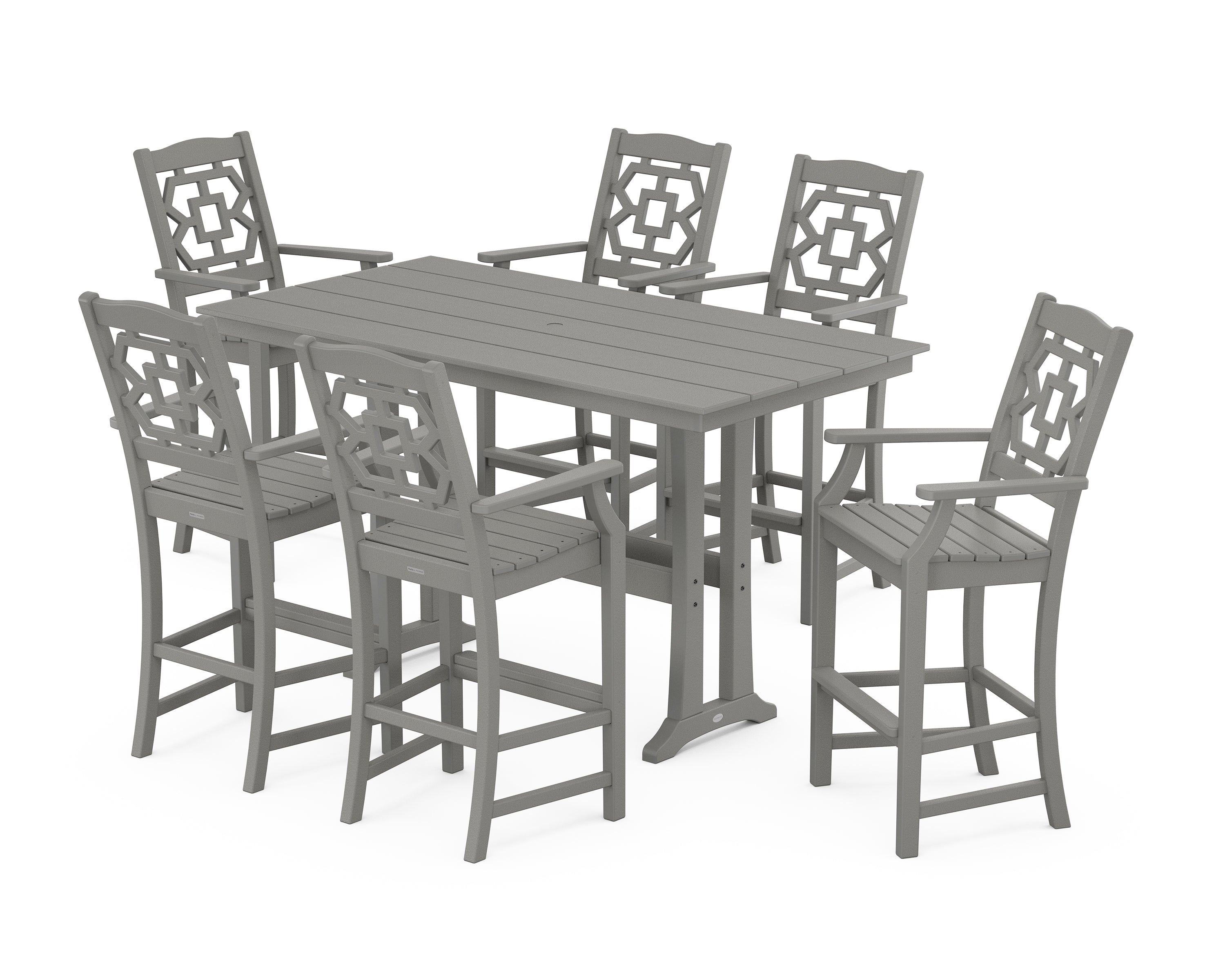 Martha Stewart by POLYWOOD Chinoiserie Arm Chair 7-Piece Farmhouse Bar Set with Trestle Legs in Slate Grey