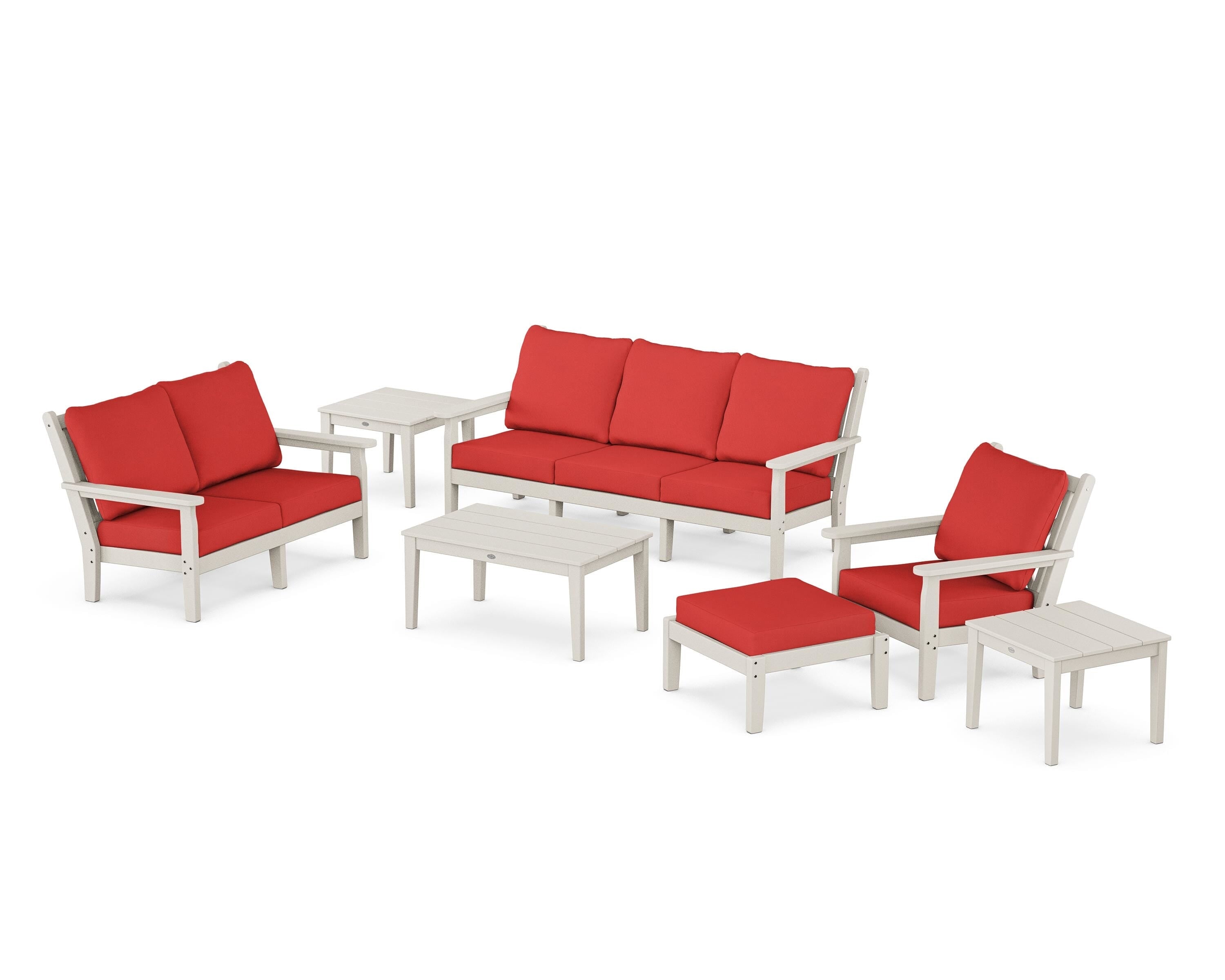 POLYWOOD Chippendale 7-Piece Deep Seating Set in Sand / Crimson Linen