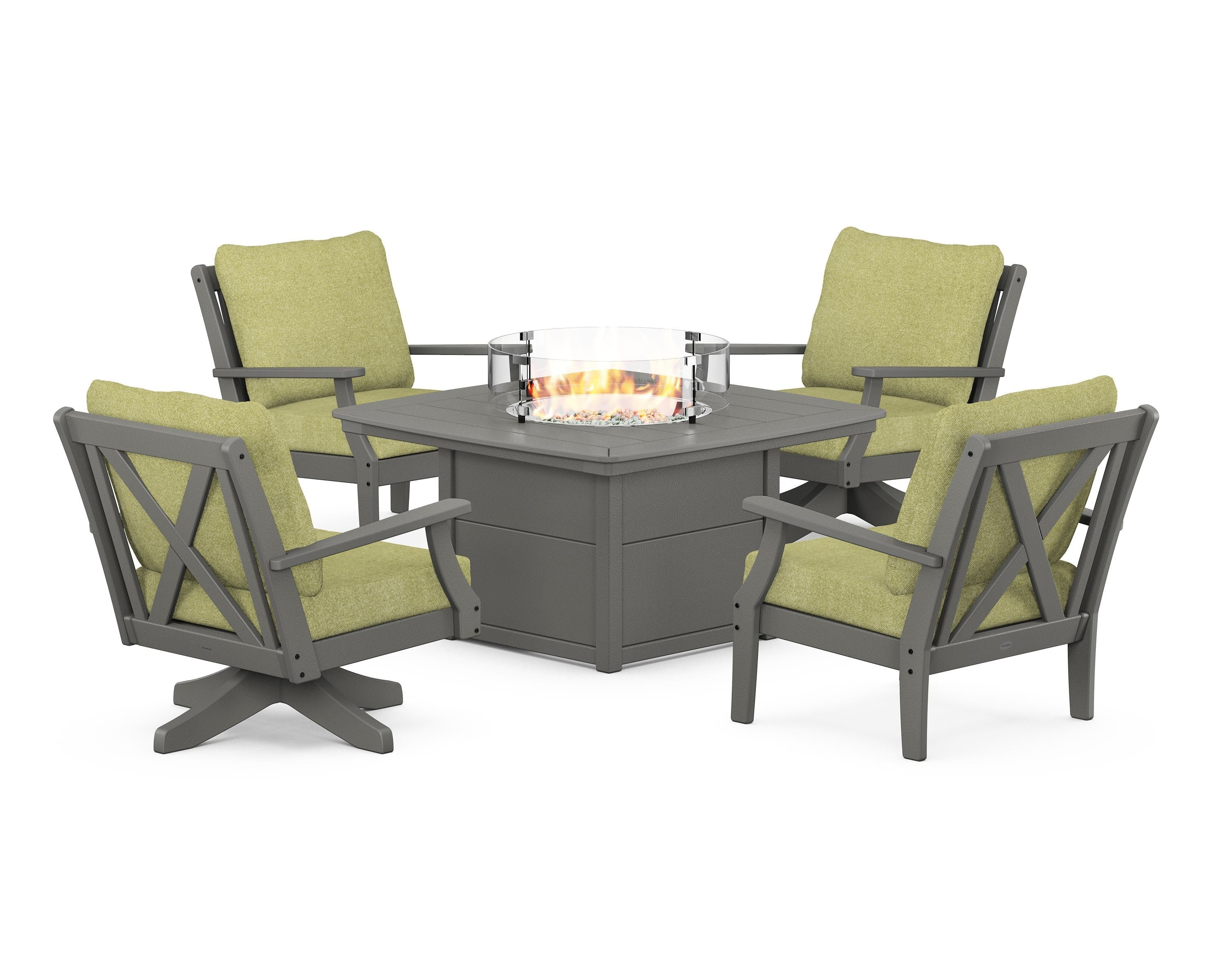 POLYWOOD Braxton 5-Piece Deep Seating Set with Fire Table in Slate Grey / Chartreuse Boucle