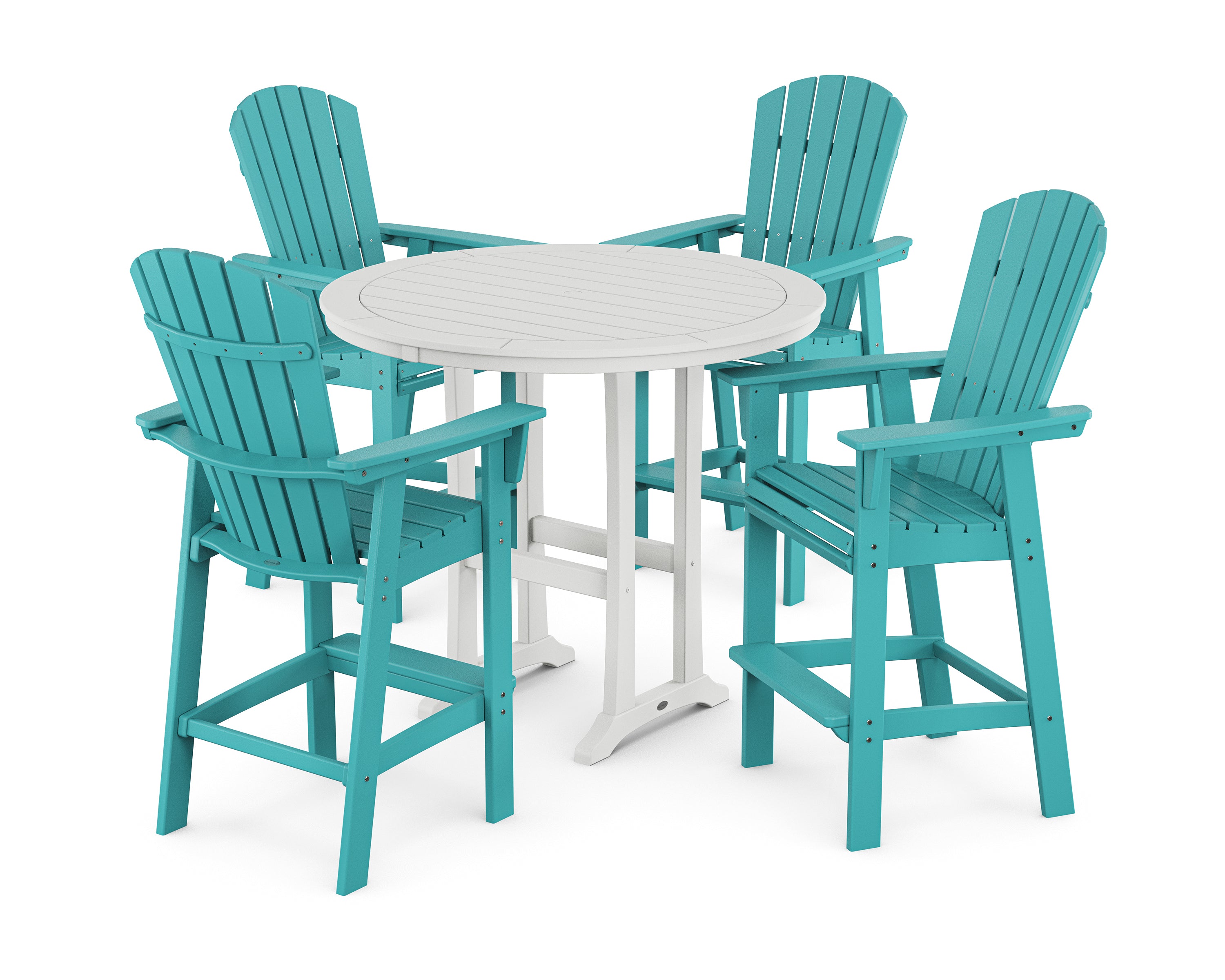 POLYWOOD® Nautical Curveback Adirondack 5-Piece Round Trestle Bar Set in Aruba / White