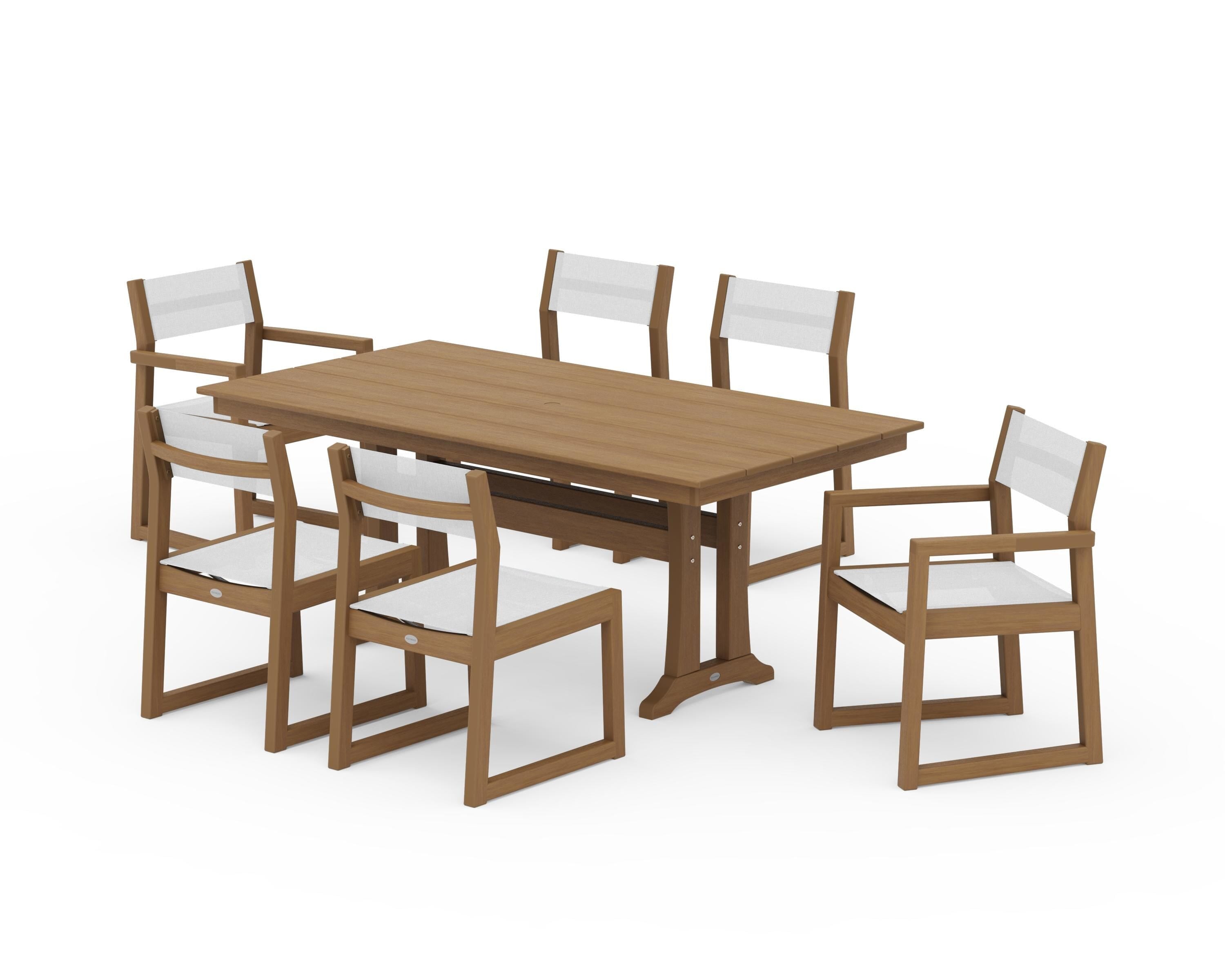 POLYWOOD EDGE Sling 7-Piece Farmhouse Trestle Dining Set in Natural / White Sling