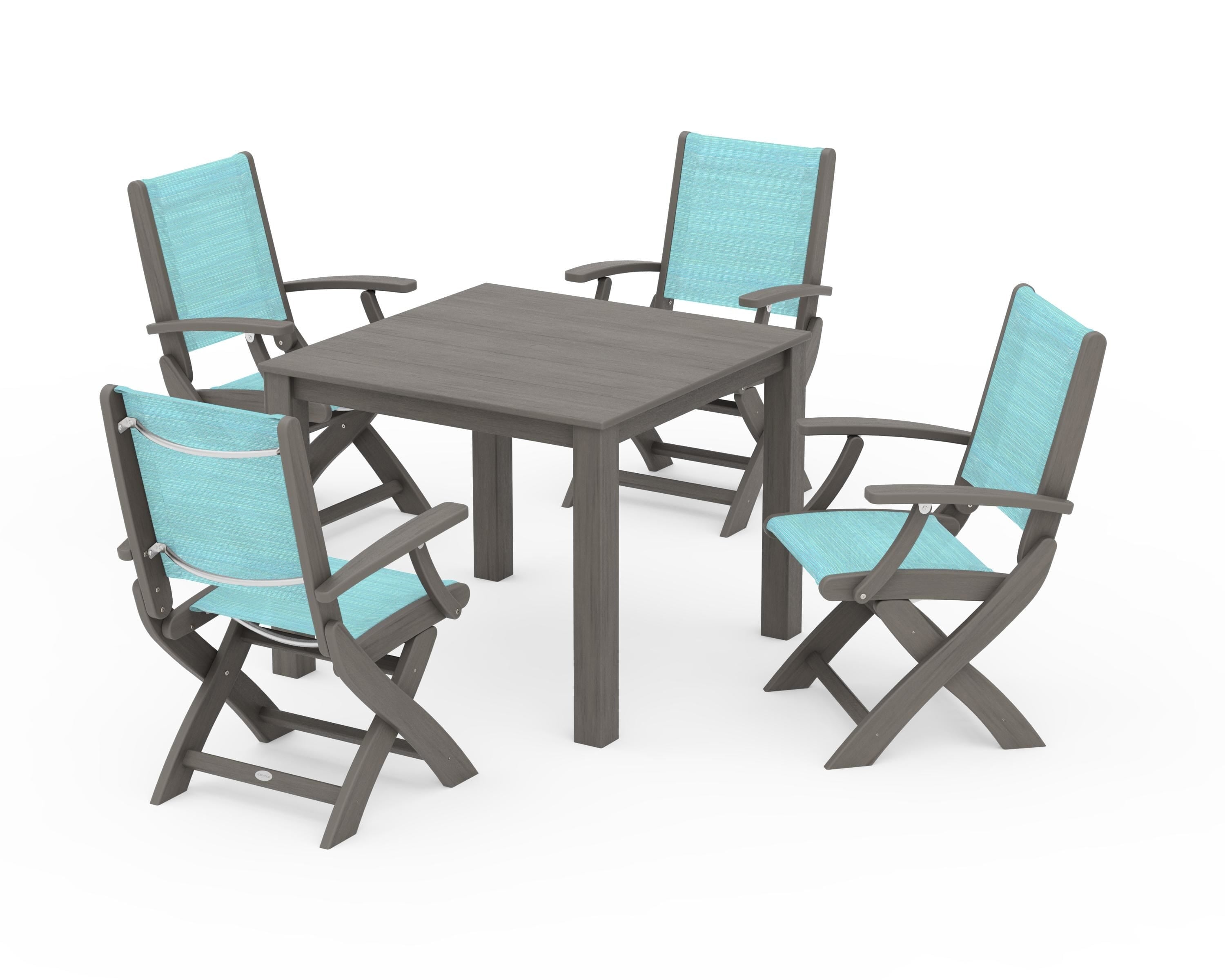 POLYWOOD Coastal Folding Chair 5-Piece Parsons Dining Set in Driftwood / Dupioni Aquamarine Sling