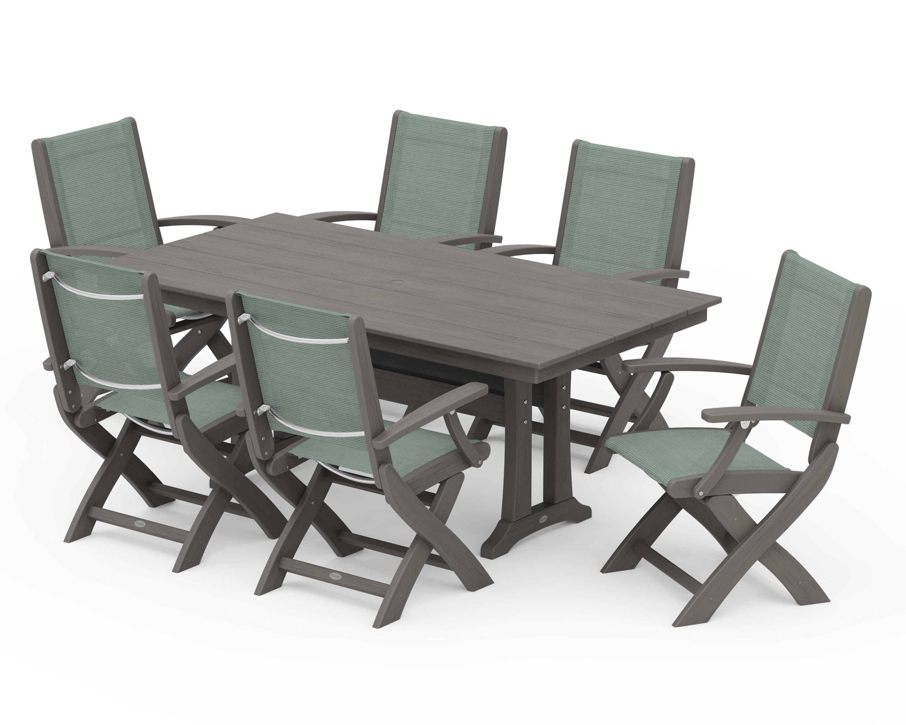 POLYWOOD Coastal Folding Arm Chair 7-Piece Farmhouse Dining Set with Trestle Legs in Driftwood / Dupioni Sea Mist Sling