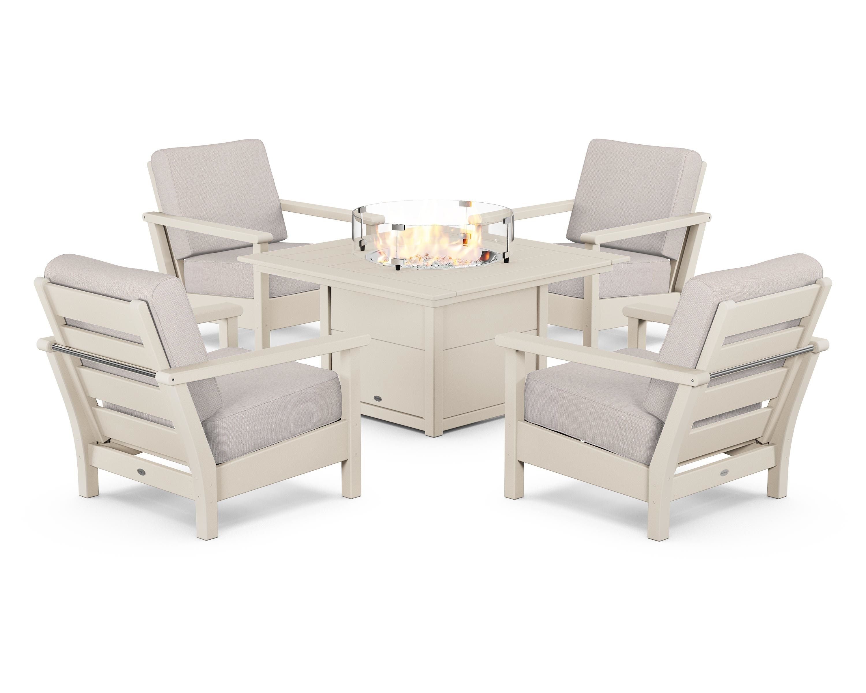POLYWOOD Harbour 5-Piece Conversation Set with Fire Pit Table in Sand / Dune Burlap
