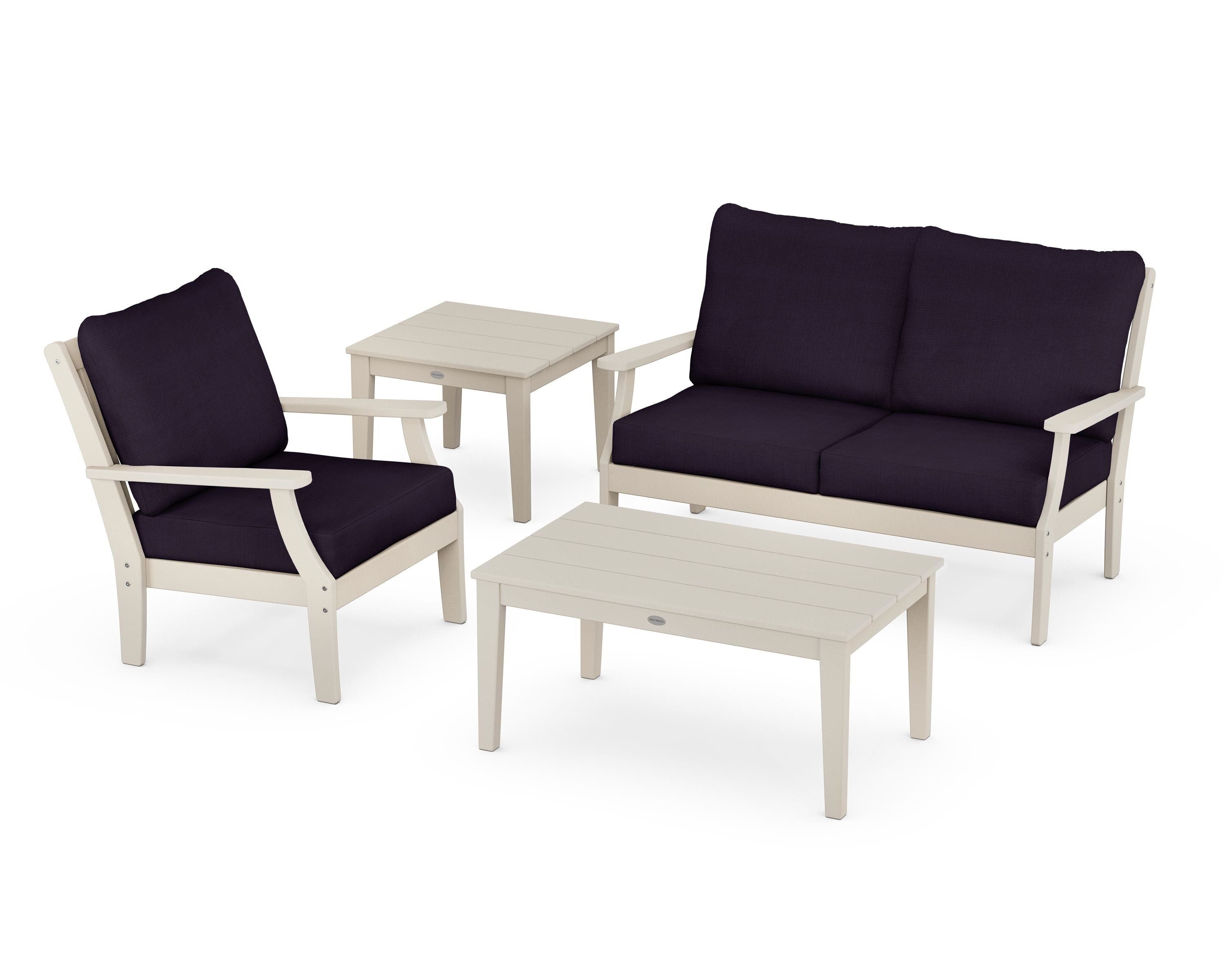 POLYWOOD Braxton 4-Piece Deep Seating Set in Sand / Navy Linen