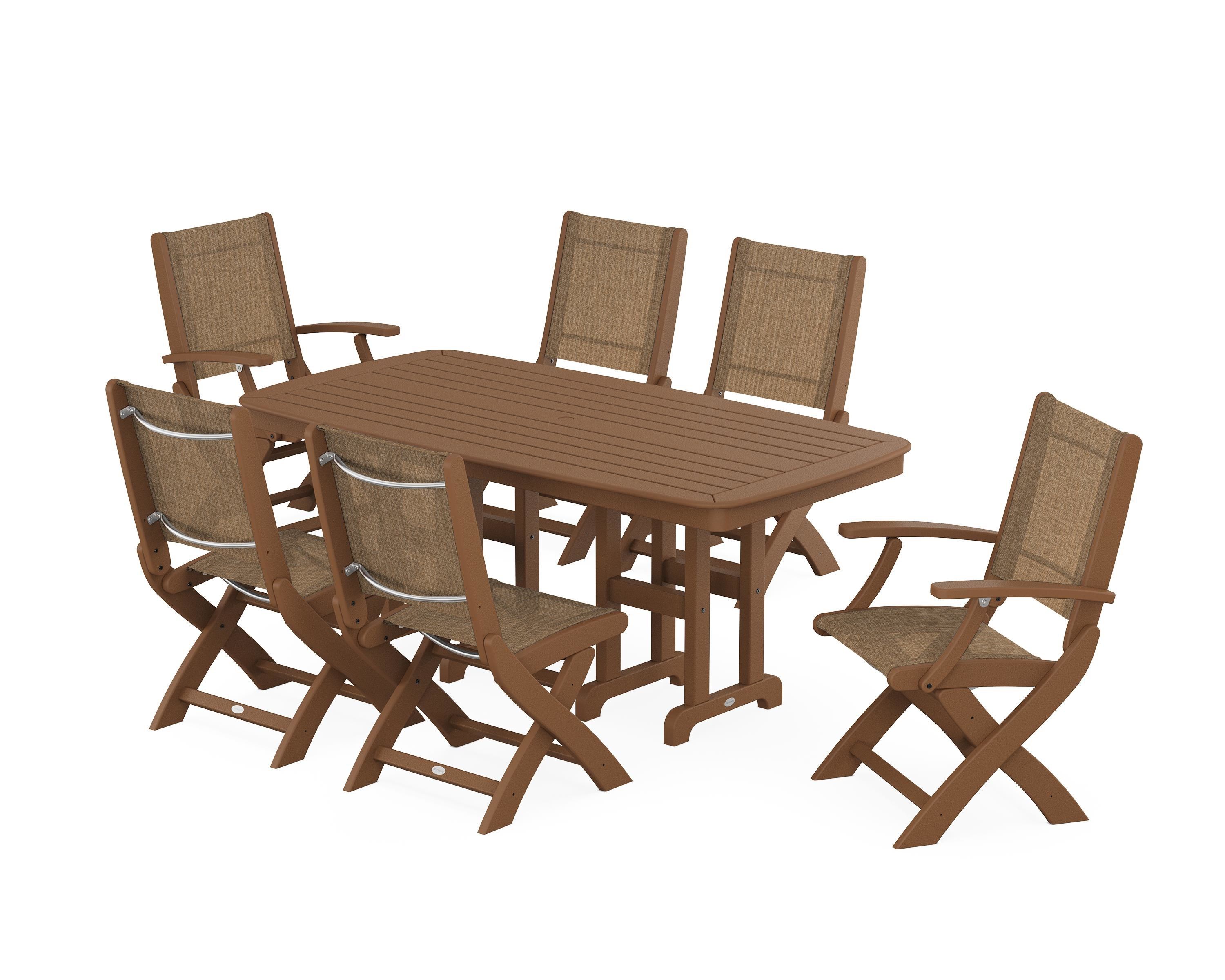 POLYWOOD Coastal Folding Chair 7-Piece Dining Set in Teak / Burlap Sling