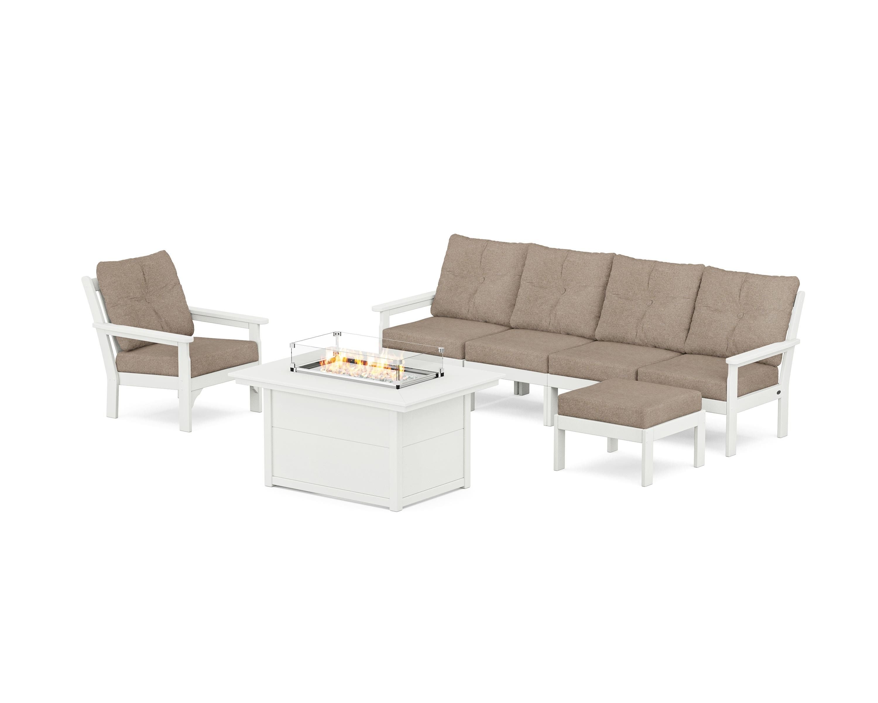POLYWOOD Vineyard Sectional Lounge and Fire Pit Set in Vintage White / Spiced Burlap
