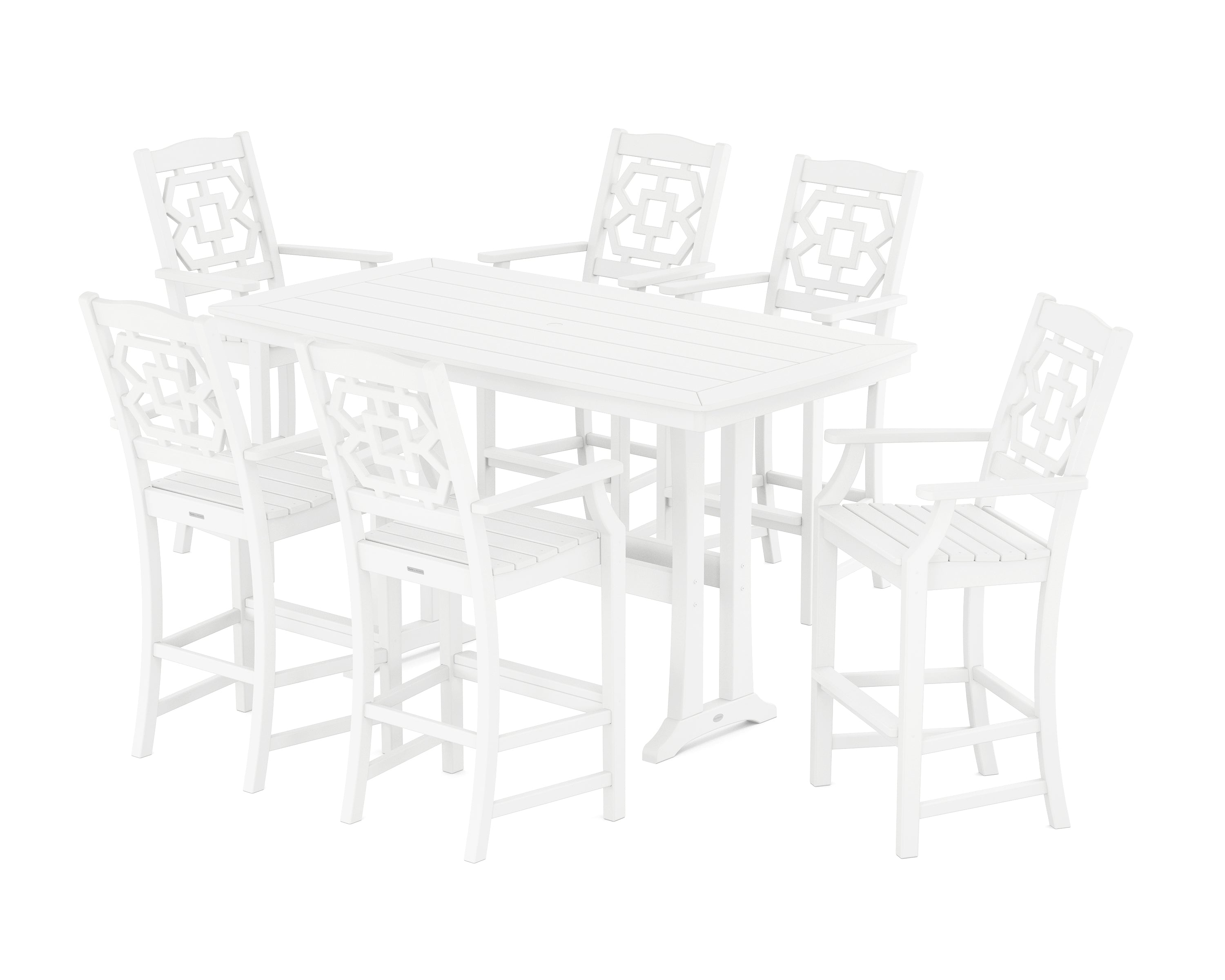 Martha Stewart by POLYWOOD Chinoiserie Arm Chair 7-Piece Bar Set with Trestle Legs in White
