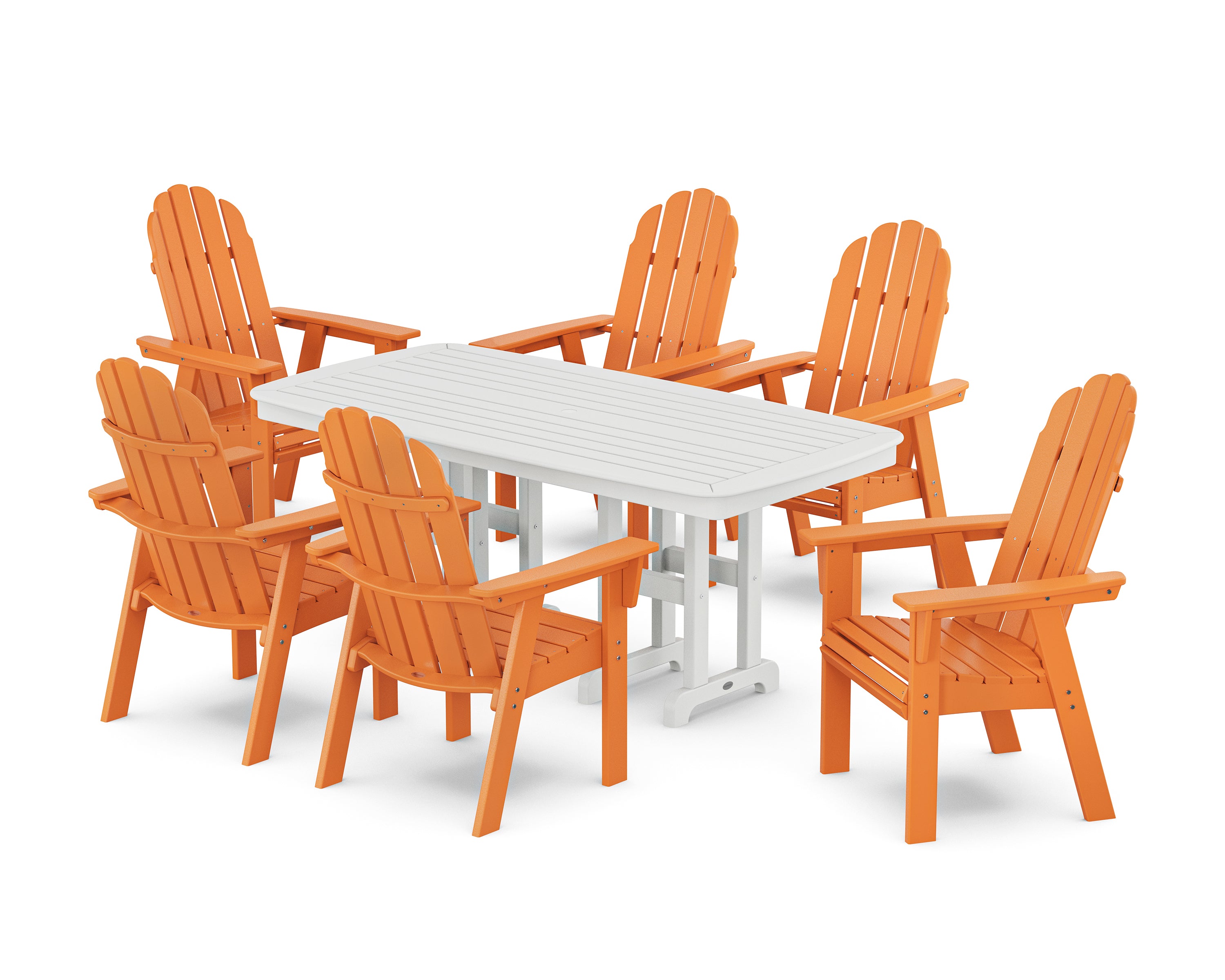 POLYWOOD Vineyard Curveback Adirondack Chair 7-Piece Dining Set in Tangerine / White