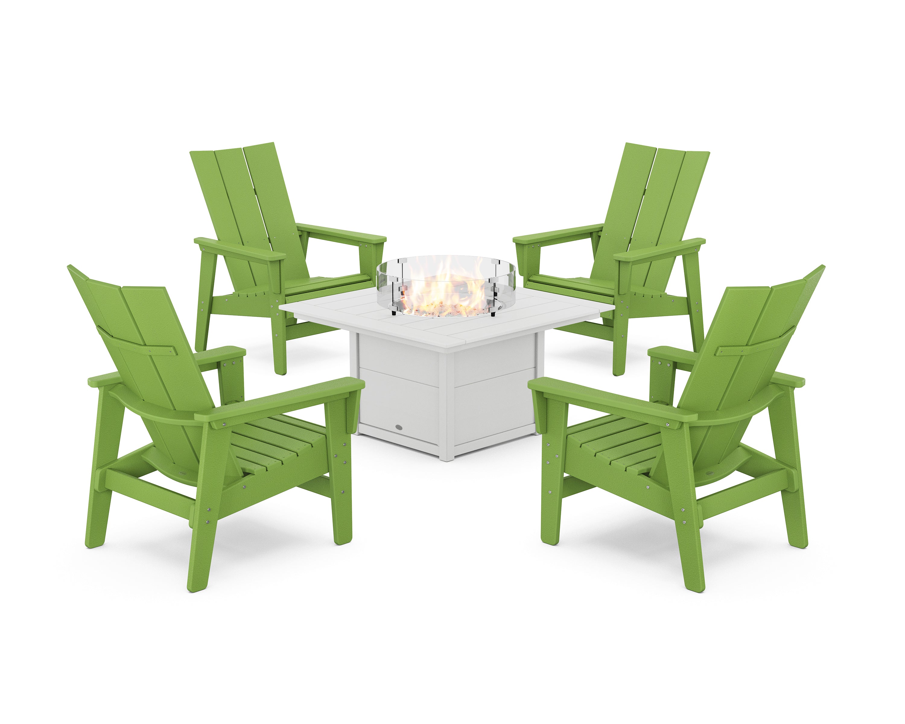 POLYWOOD 5-Piece Modern Grand Upright Adirondack Conversation Set with Fire Pit Table in Lime / White