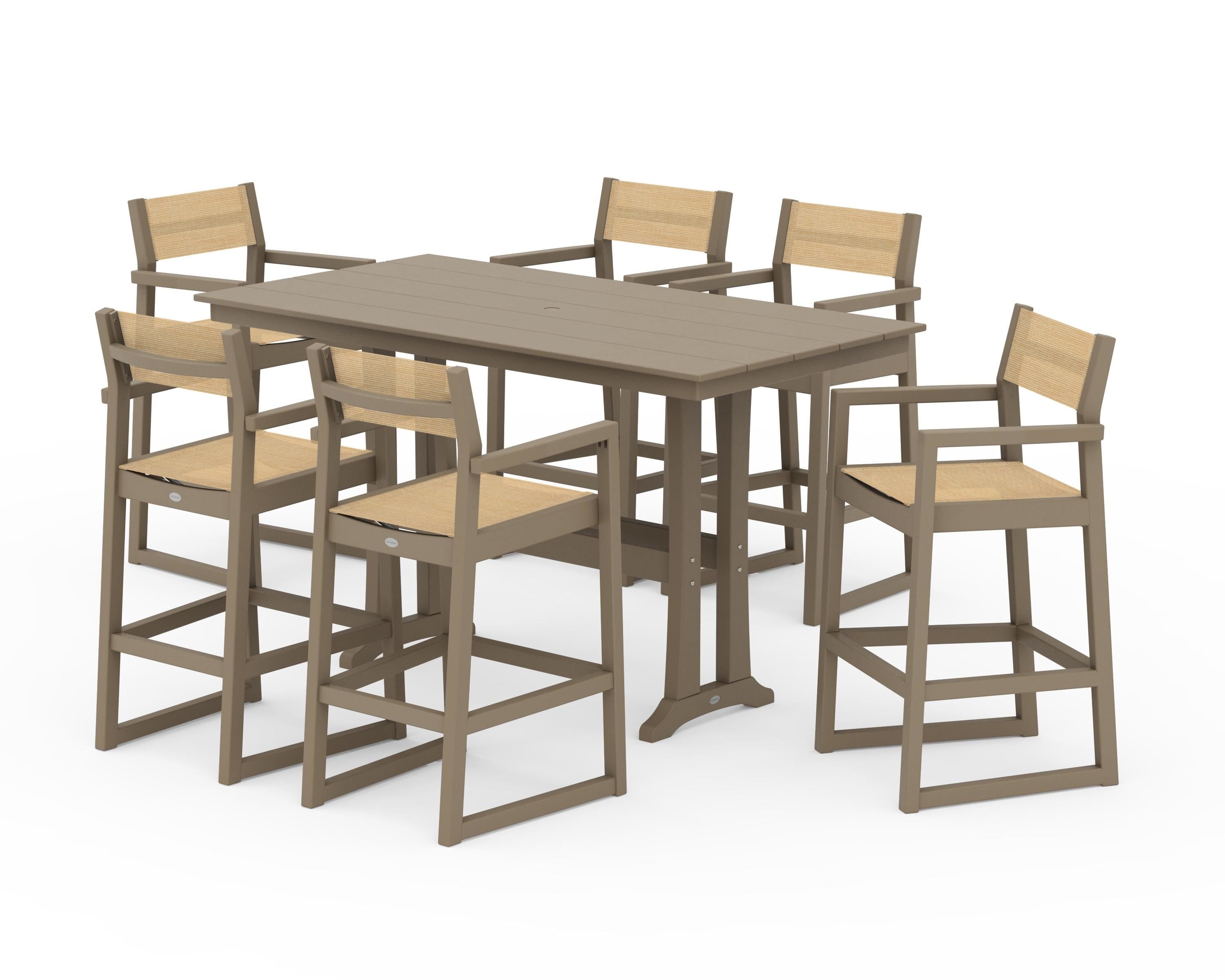POLYWOOD EDGE Sling Arm Chair 7-Piece Farmhouse Bar Set with Trestle Legs in Vintage Sahara / Dupioni Apricot Sling