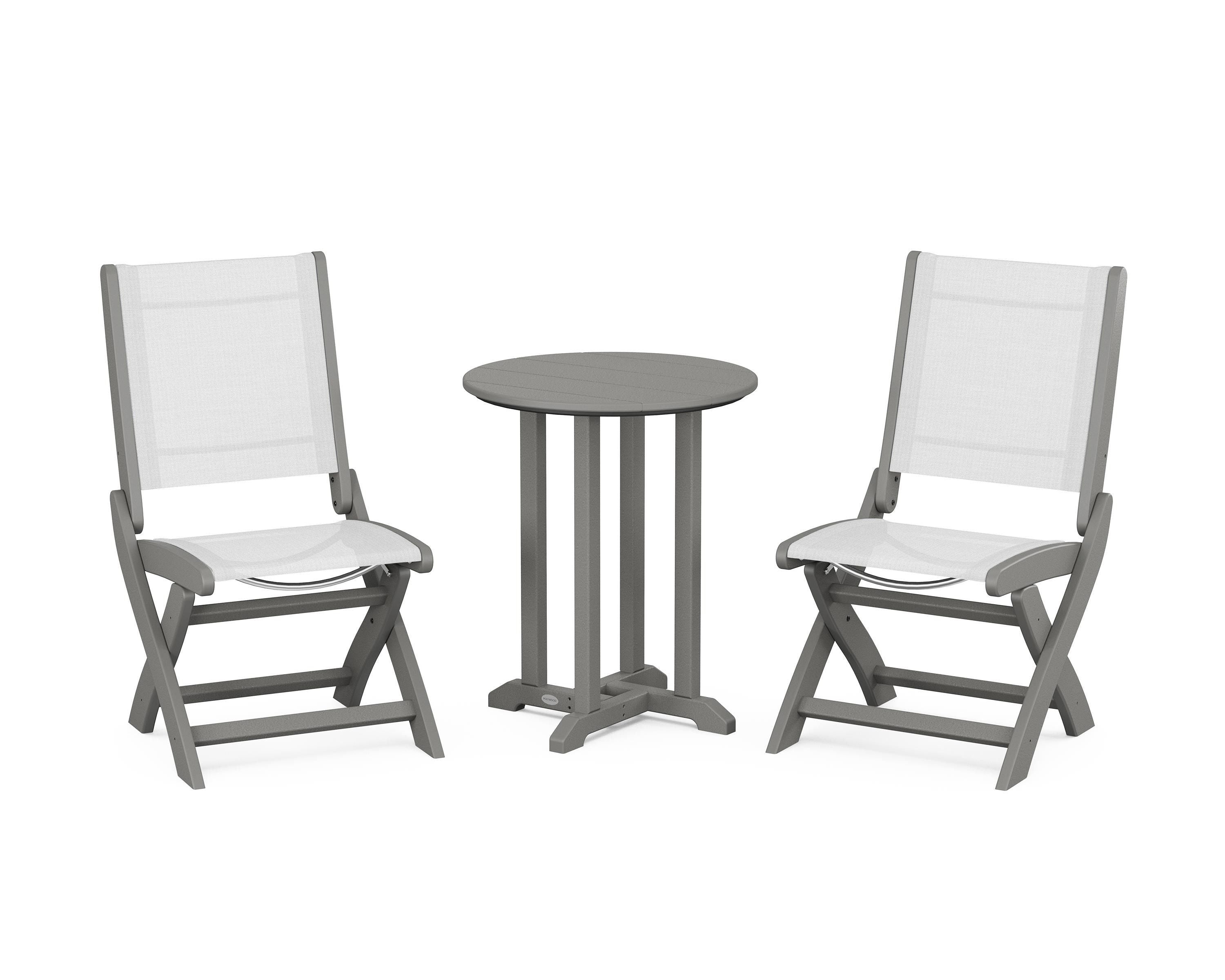 POLYWOOD Coastal Folding Side Chair 3-Piece Round Bistro Dining Set in Slate Grey / White Sling