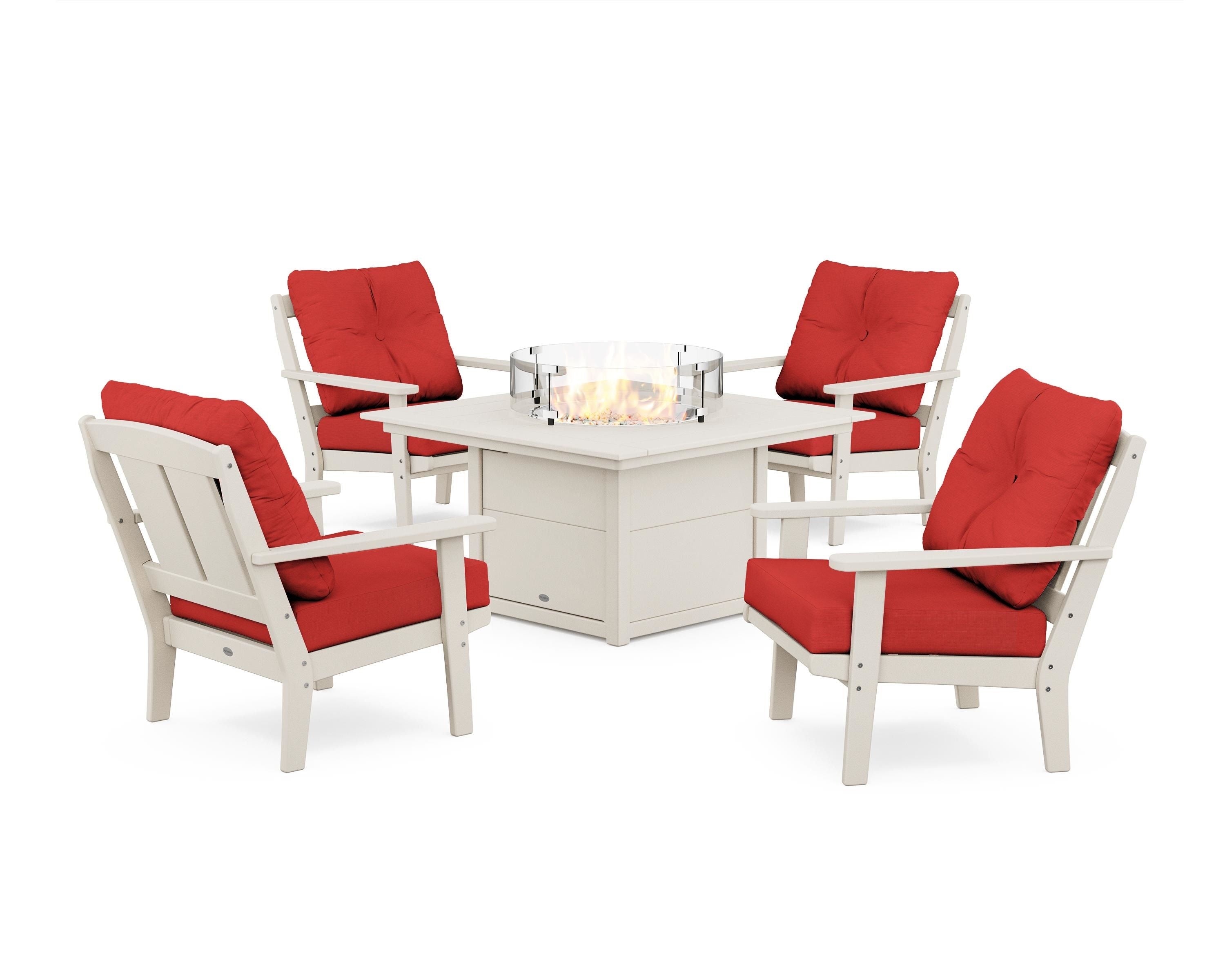 POLYWOOD Mission 5-Piece Deep Seating Set with Fire Pit Table in Sand / Crimson Linen