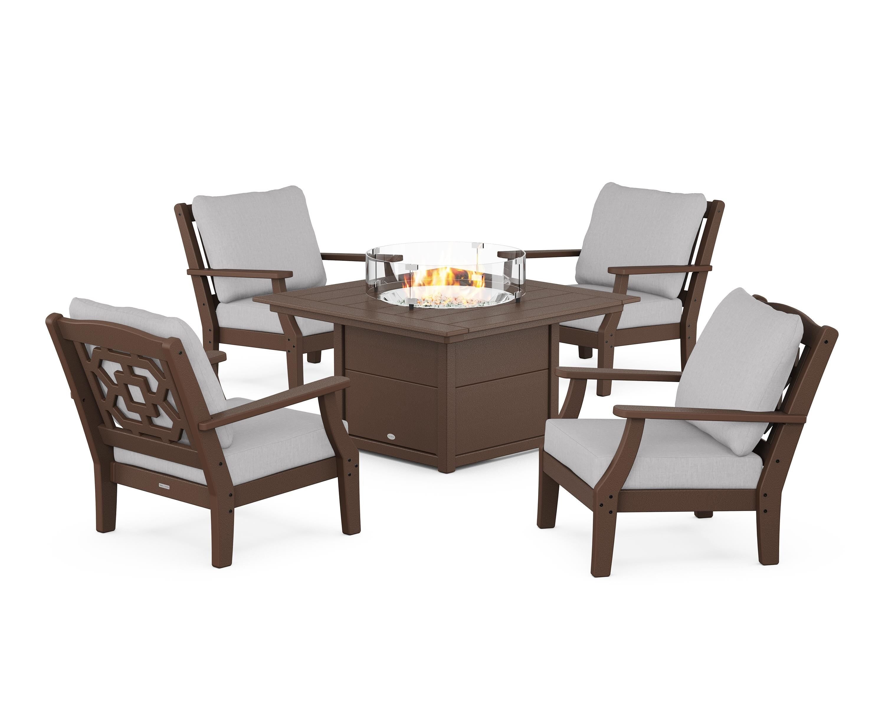 Martha Stewart by POLYWOOD Chinoiserie 5-Piece Deep Seating Set with Fire Pit Table in Mahogany / Granite