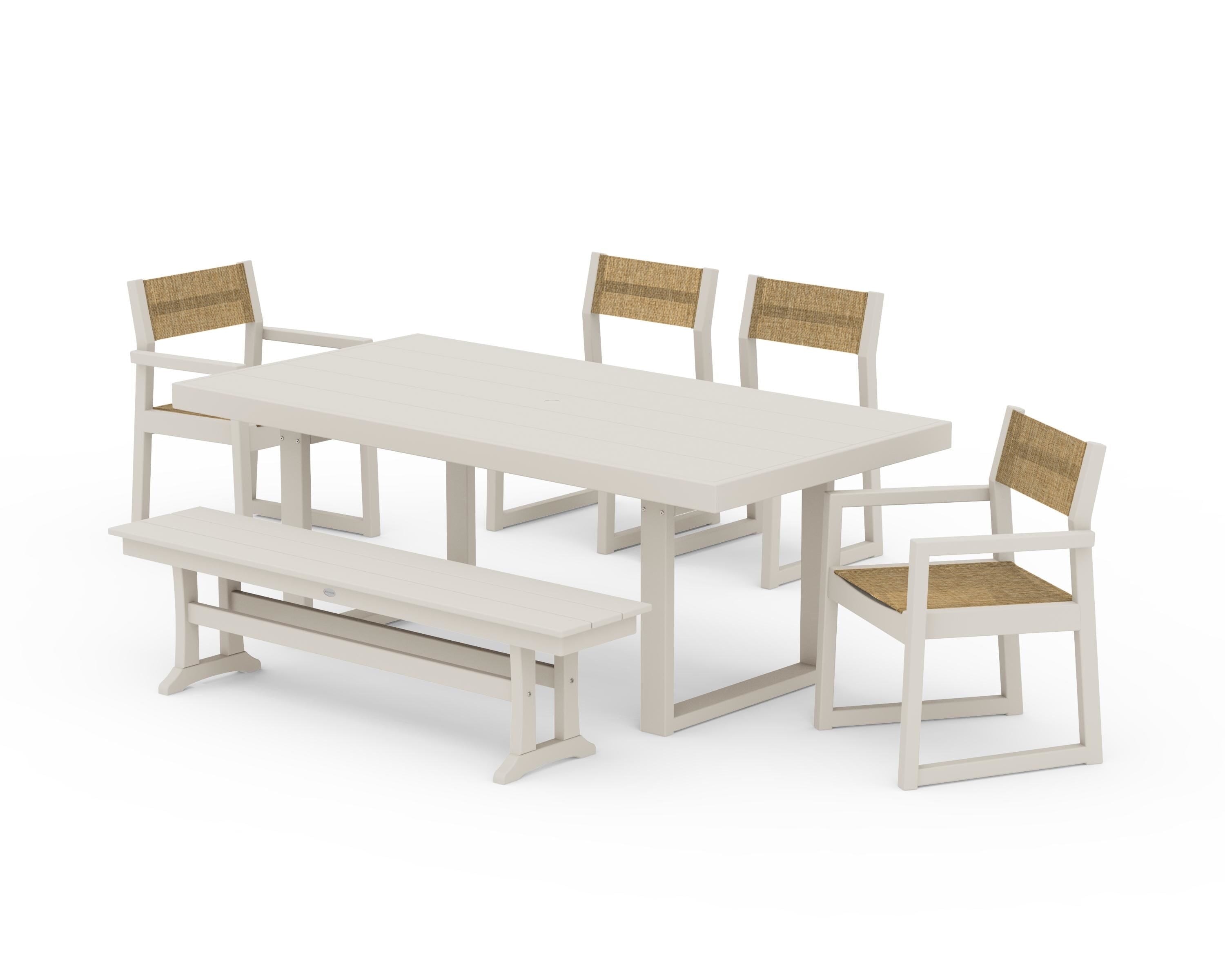 POLYWOOD EDGE Sling 6-Piece Dining Set with Bench in Sand / Burlap Sling