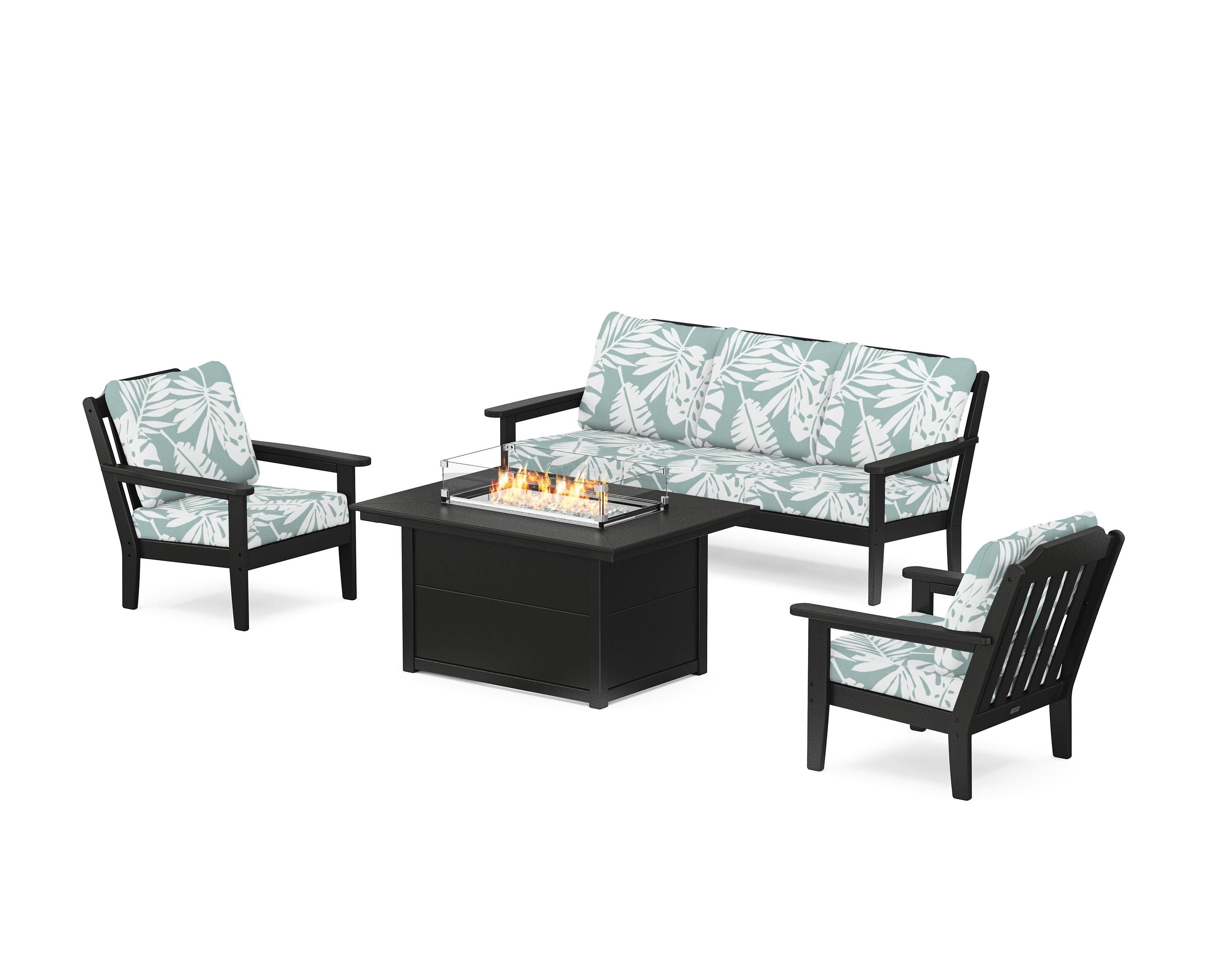 Country Living Cottage Deep Seating Fire Pit Table Set in Black / Leaf Glacier Spa
