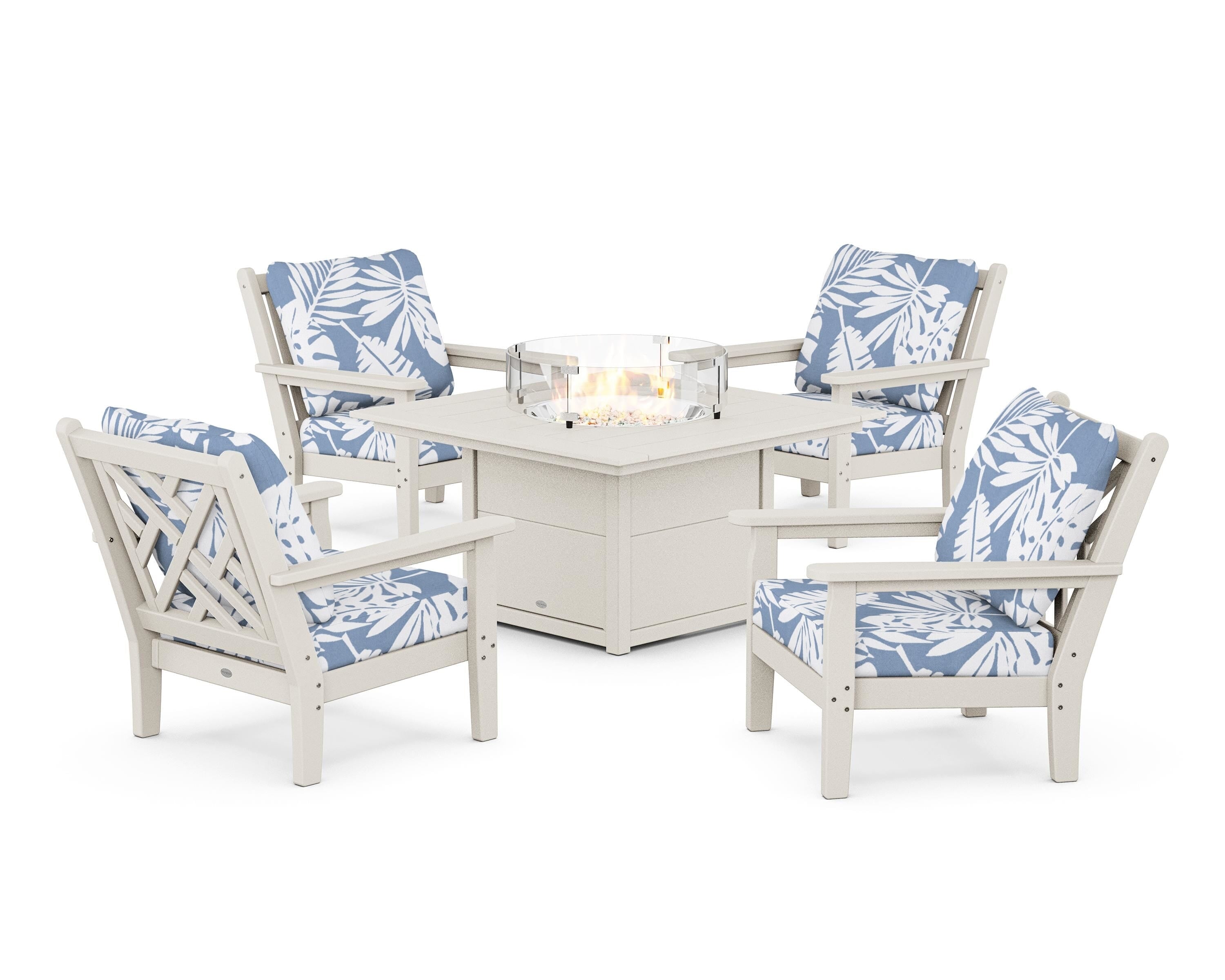 POLYWOOD Chippendale 5-Piece Deep Seating Set with Fire Pit Table in Sand / Leaf Sky Blue